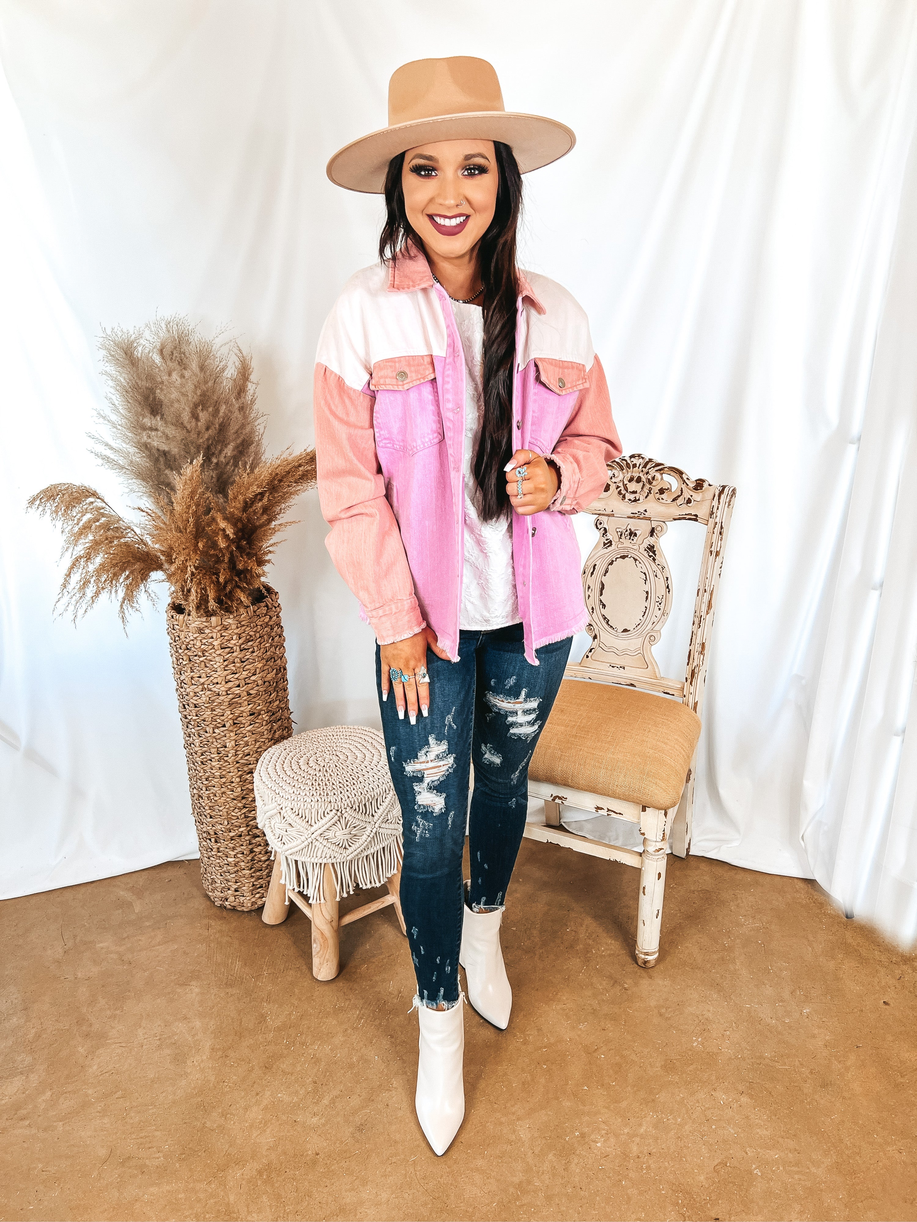 Style Mentor Color Block Button Up Jacket in Coral and Pink - Giddy Up Glamour Boutique