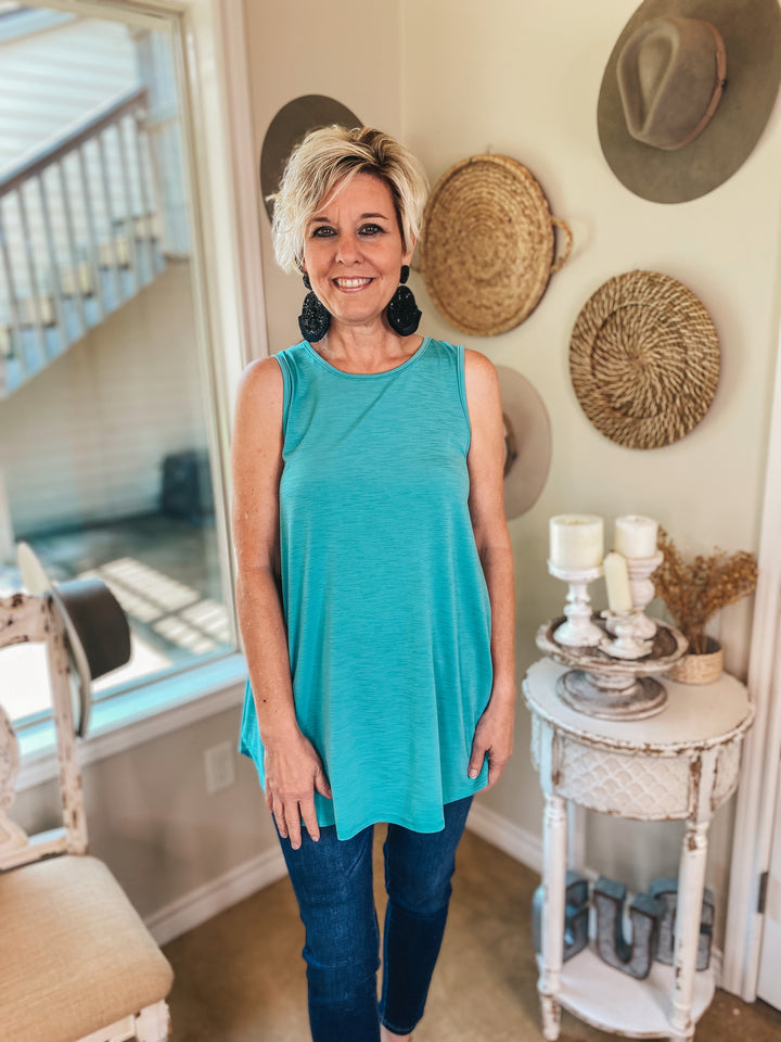 Give Me Joy Solid Bulgari A-Line Tank Top in Turquoise - Giddy Up Glamour Boutique