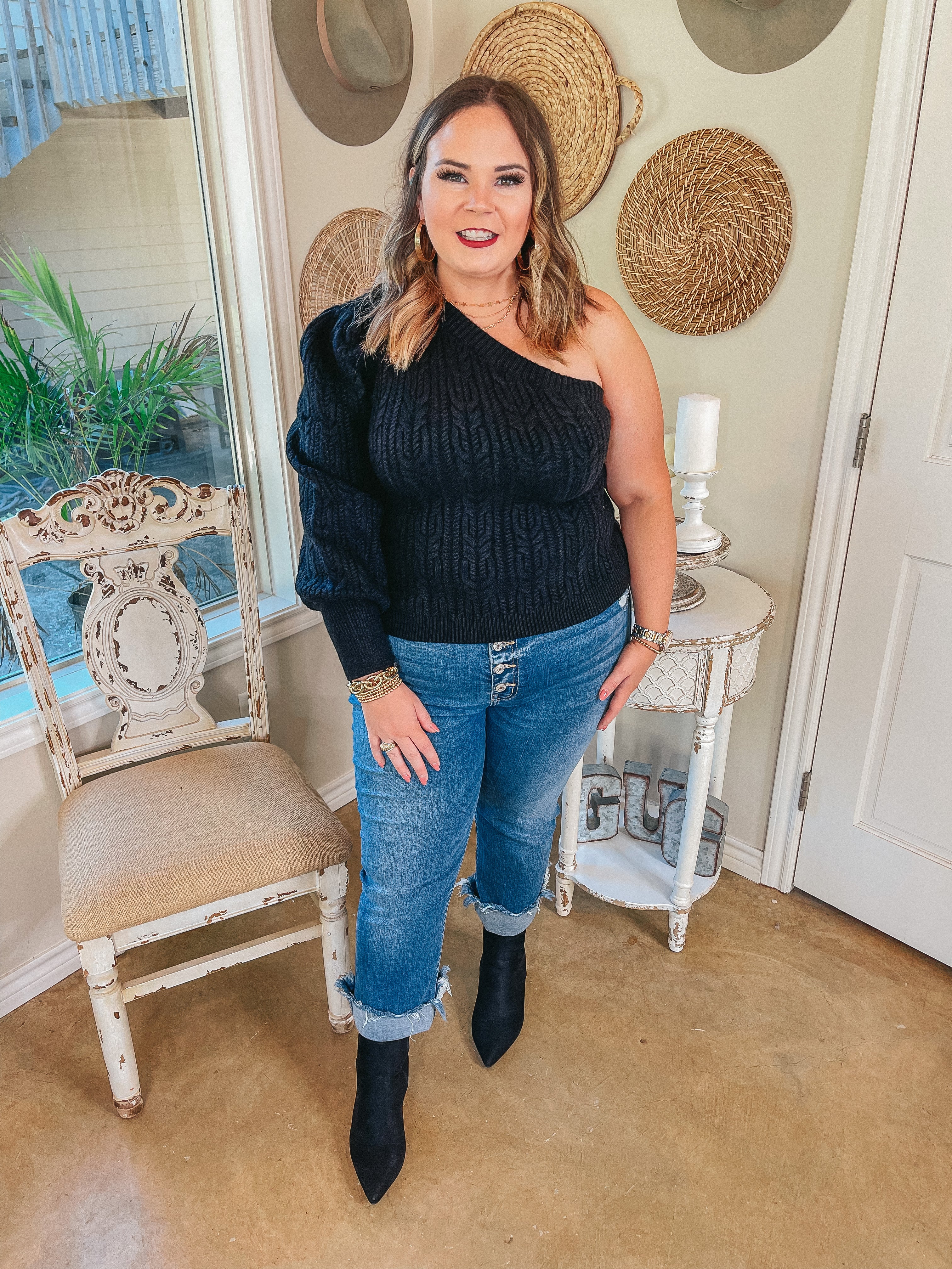 Last Chance Size Medium | Napa Chill One Shoulder Long Sleeve Sweater in Black - Giddy Up Glamour Boutique