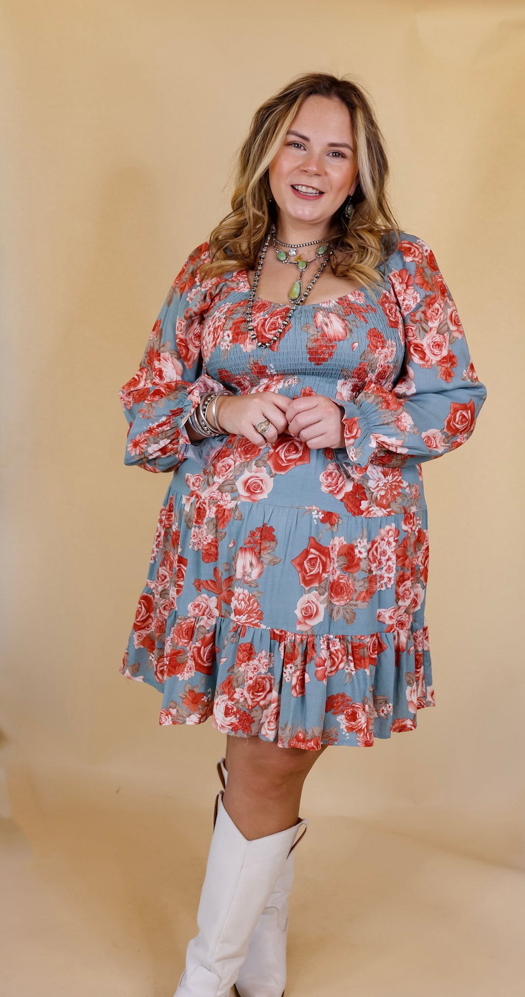 Day Cafe Smocked Bodice Floral Long Sleeve Dress in Dusty Blue - Giddy Up Glamour Boutique