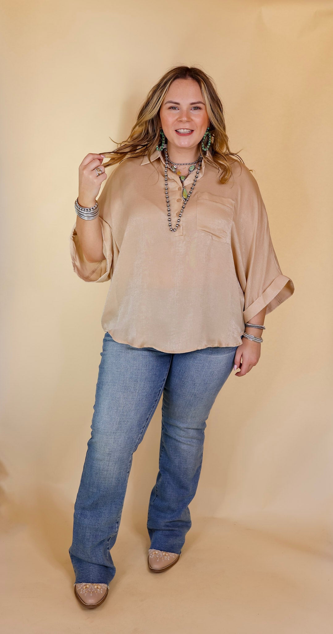 Sweet Surprise Half Button Up Poncho Top with Collared Neckline in Champagne - Giddy Up Glamour Boutique