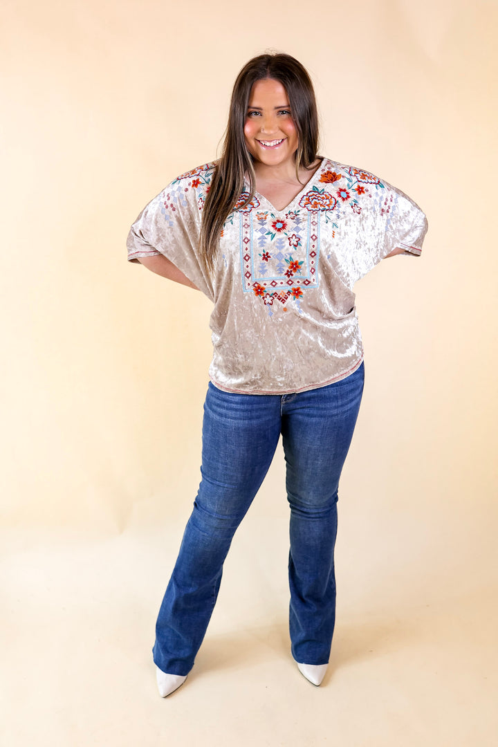 Forever Wanted Floral Embroidered Velvet Poncho Top in Oyster - Giddy Up Glamour Boutique
