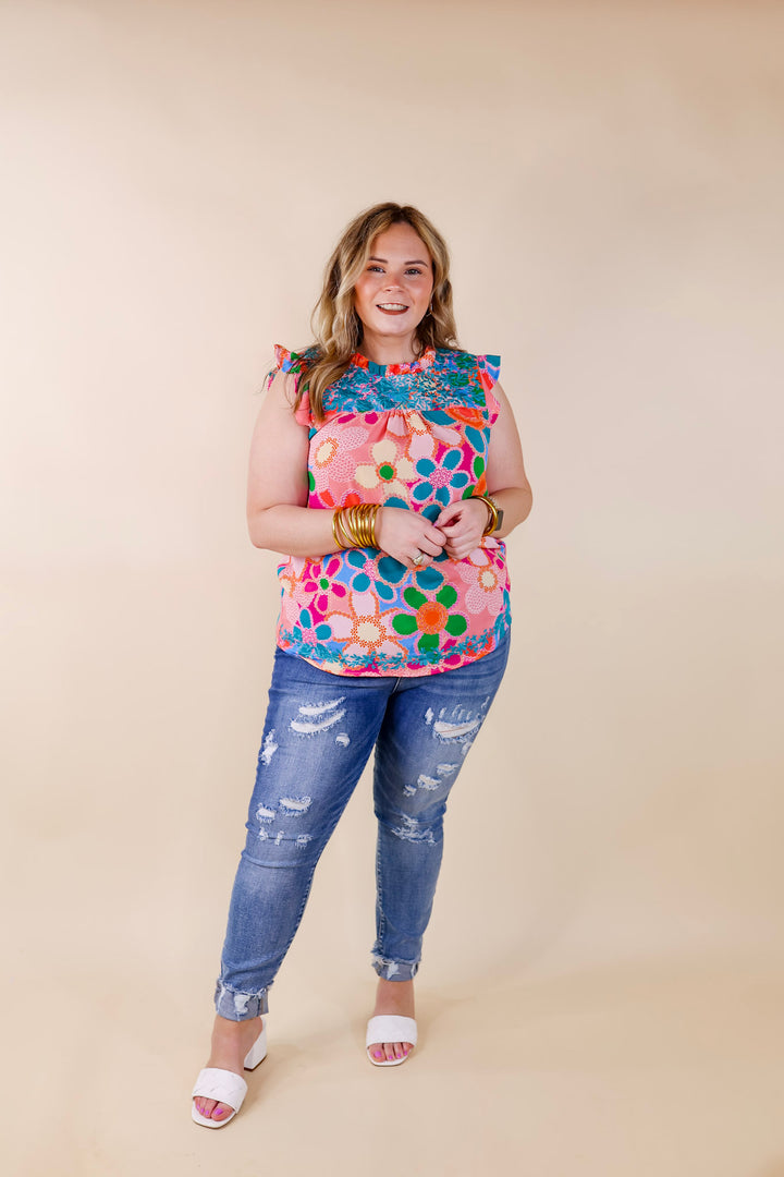 Timeless Treasure Floral Print Top with Ruffle Cap Sleeves and Turquoise Embroidery in Coral Pink - Giddy Up Glamour Boutique