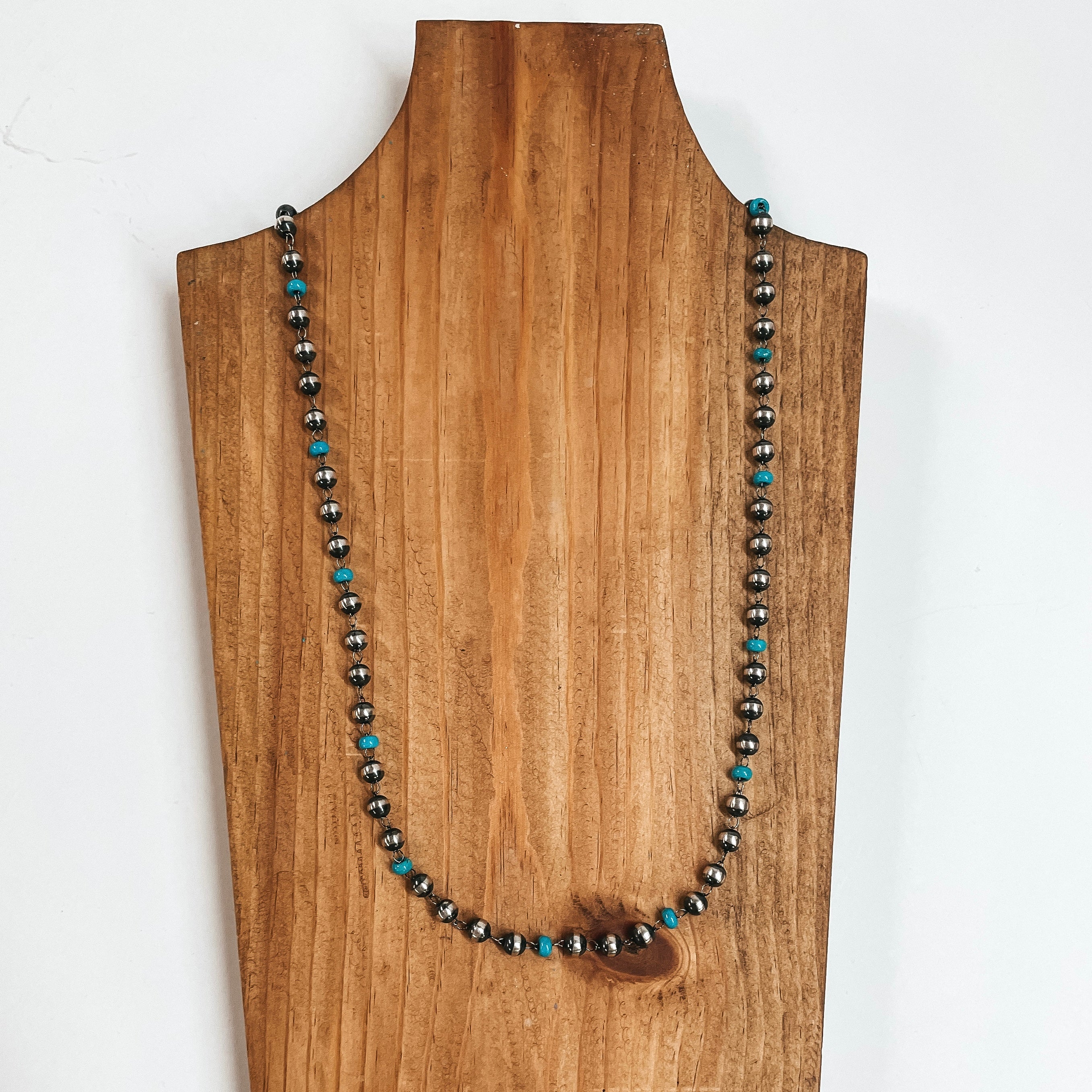Navajo | Navajo Handmade Sterling Silver 6mm Navajo Pearl Necklace with Turquoise Beads | 24" - Giddy Up Glamour Boutique
