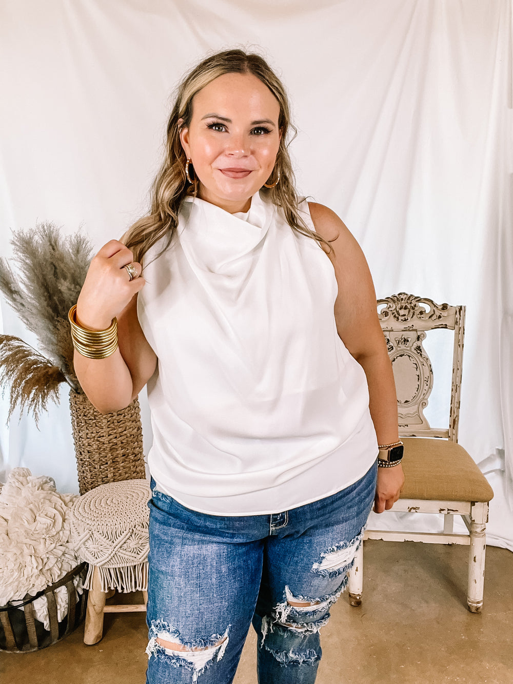 Hot Spot High Cowl Neck Tank Top in Ivory - Giddy Up Glamour Boutique