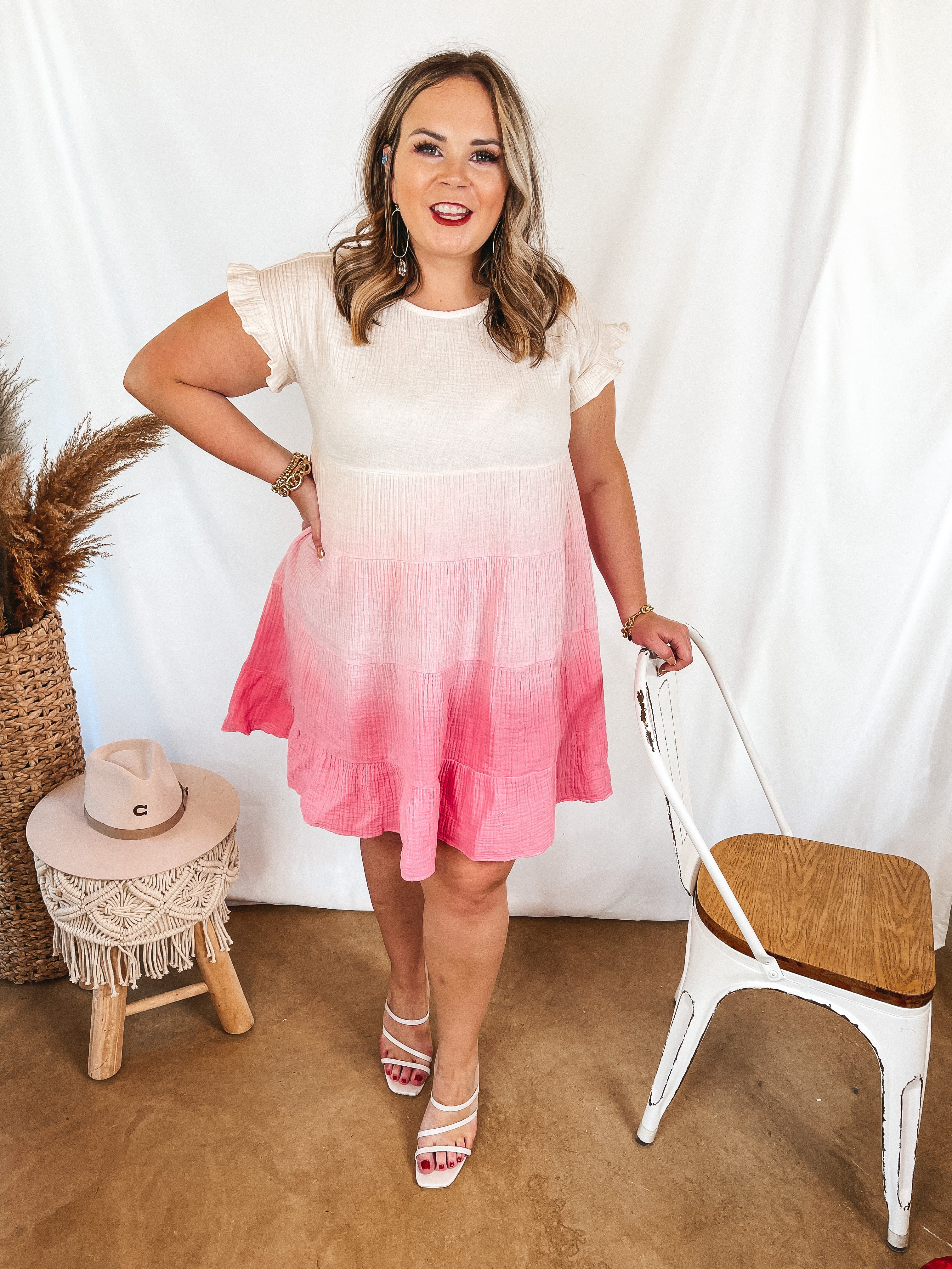 All the Love Songs Ombre Ruffle Tiered Dress in Ivory and Pink - Giddy Up Glamour Boutique