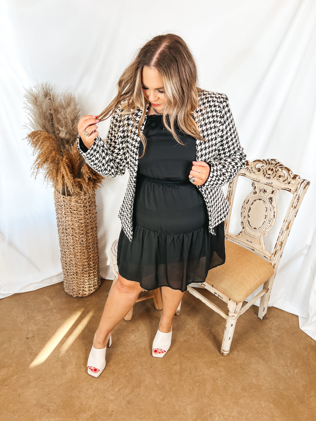 Busy In the City Houndstooth Tweed Blazer in Ivory and Black - Giddy Up Glamour Boutique