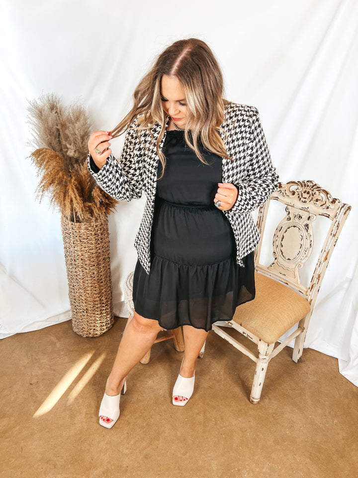 Busy In the City Houndstooth Tweed Blazer in Ivory and Black - Giddy Up Glamour Boutique