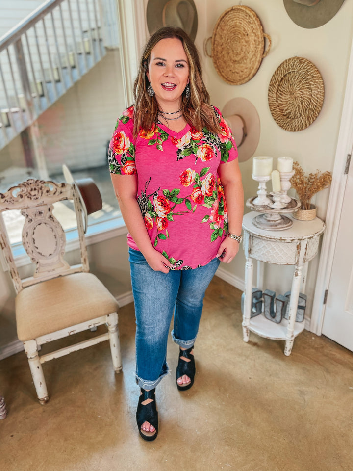 Last Chance Size Small | Keep Things Simple Floral and Leopard V Neck Tee in Fuchsia - Giddy Up Glamour Boutique