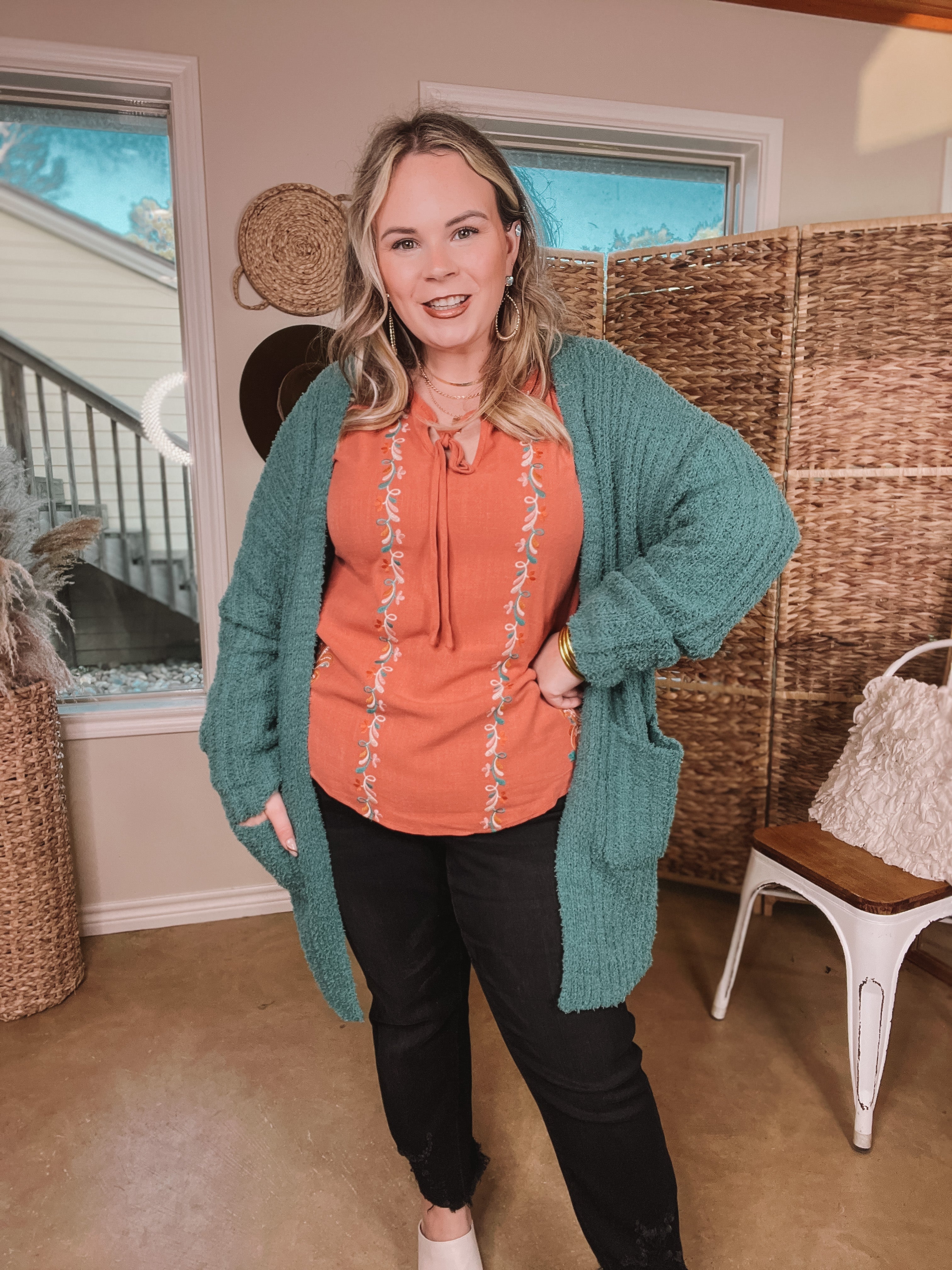 Cold Brew And Cuddles Long Sleeve Cardigan with Pockets in Teal - Giddy Up Glamour Boutique
