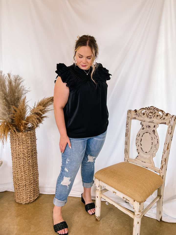 Expect The Best Pleated Upper Blouse with Ruffle Cap Sleeves in Black - Giddy Up Glamour Boutique