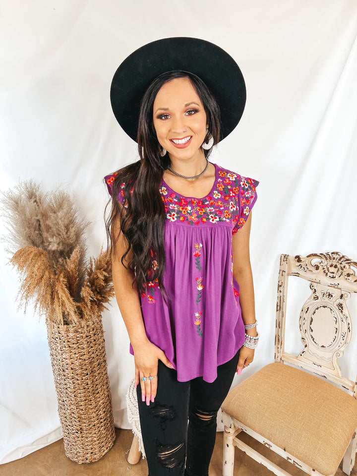 Lajitas Lady Floral Embroidered Babydoll Top in Purple - Giddy Up Glamour Boutique