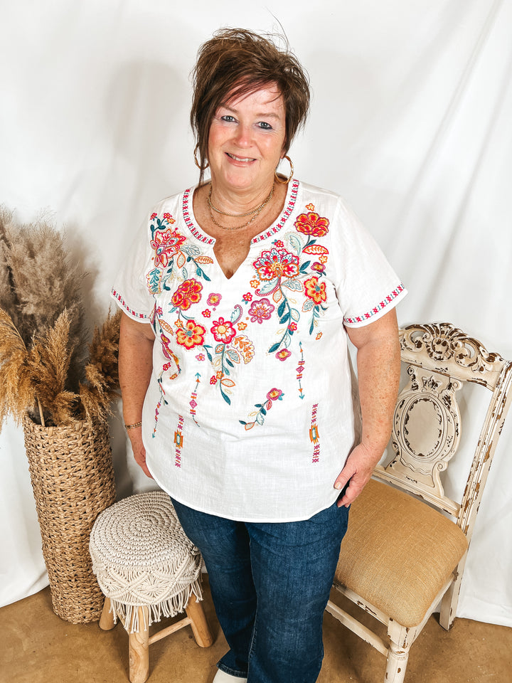 Shaken or Stirred Floral Embroidered Notched Neck Top in White - Giddy Up Glamour Boutique