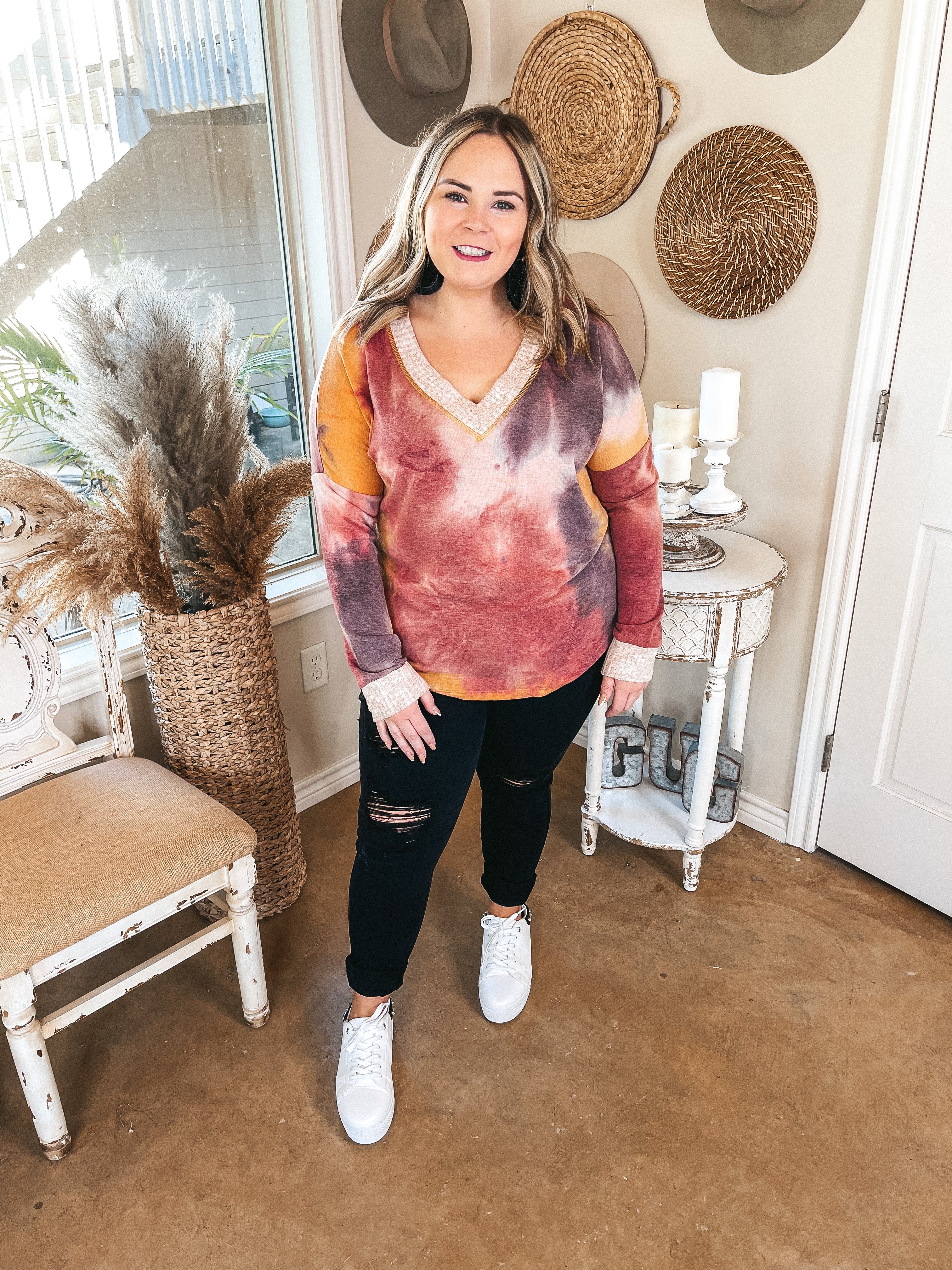 Last Chance Size Small | Stay and Chat Waffle Knit Trim Tie Dye Top in Mustard and Purple - Giddy Up Glamour Boutique