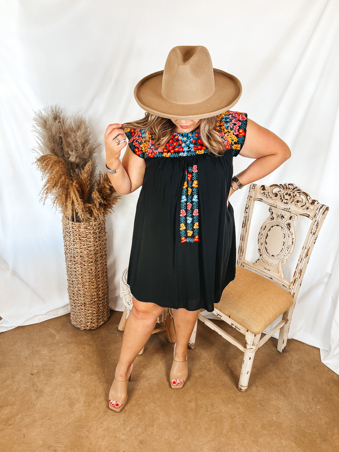 Headed For Happy Floral Embroidered Cap Sleeve Dress in Black - Giddy Up Glamour Boutique