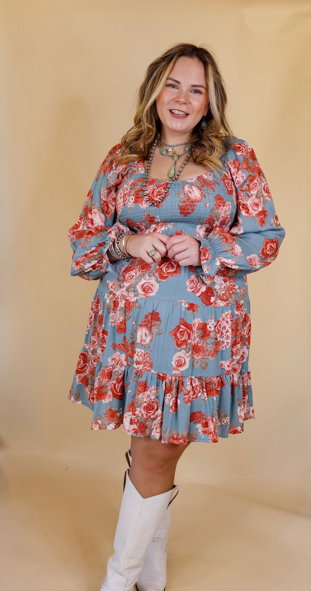 Day Cafe Smocked Bodice Floral Long Sleeve Dress in Dusty Blue - Giddy Up Glamour Boutique