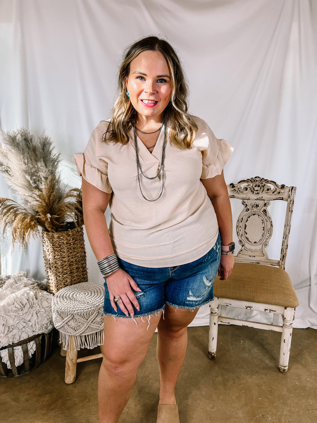 Tuscan Time Ruffle Short Sleeve Top in Beige - Giddy Up Glamour Boutique