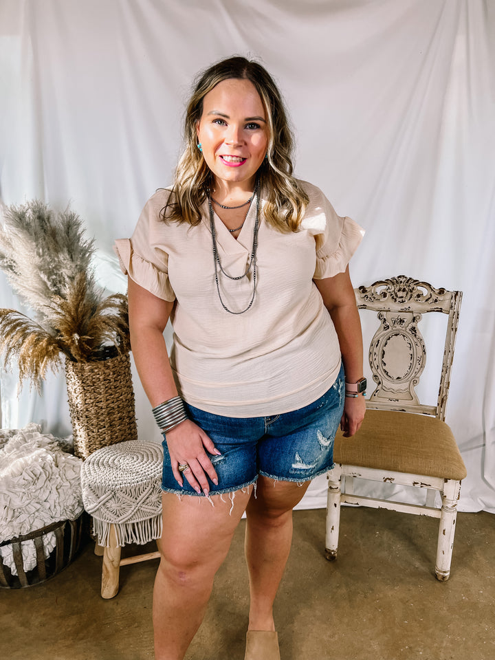 Tuscan Time Ruffle Short Sleeve Top in Beige - Giddy Up Glamour Boutique