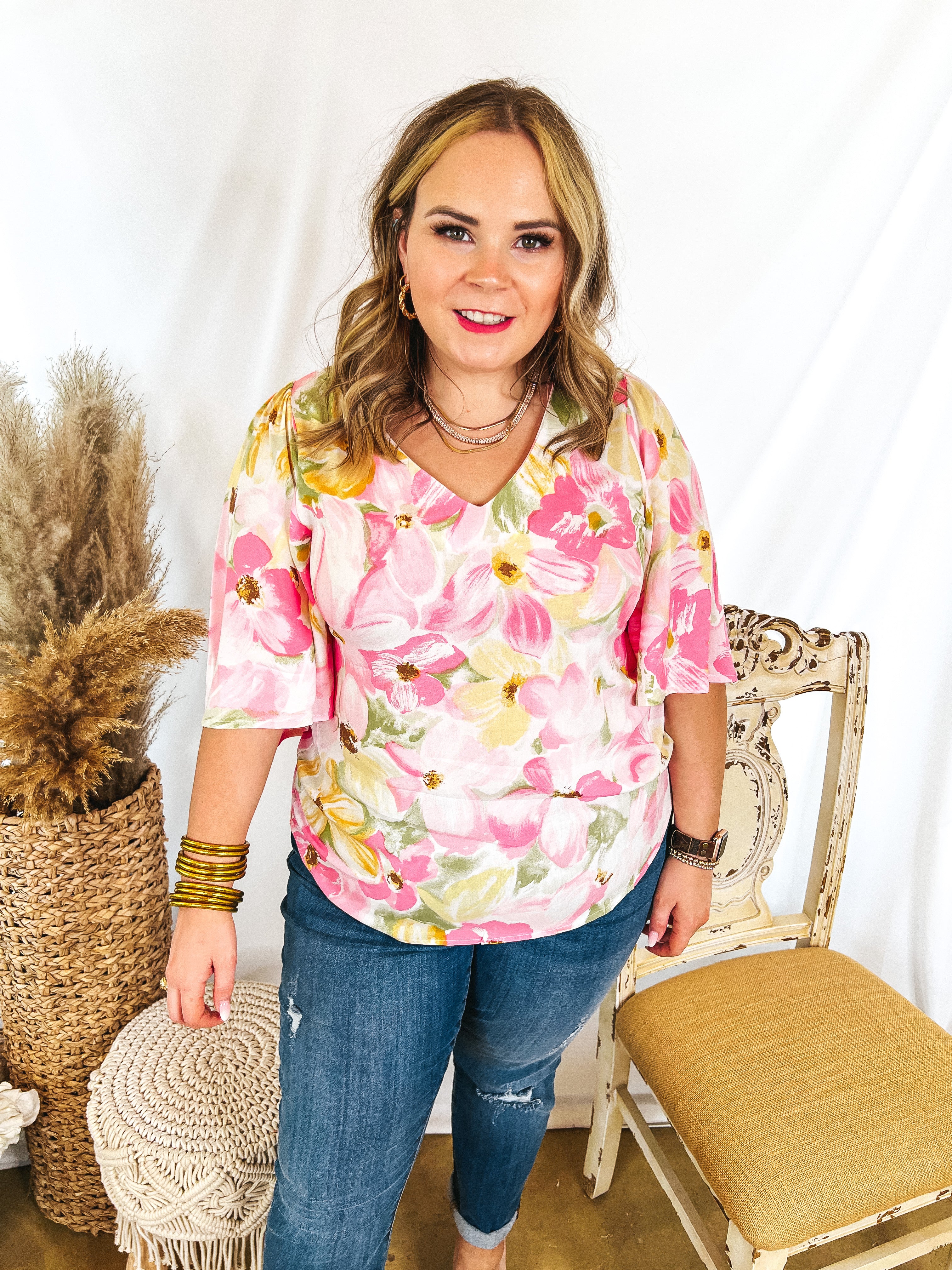 Suite Life Floral V Neck Top in Pink and Yellow - Giddy Up Glamour Boutique
