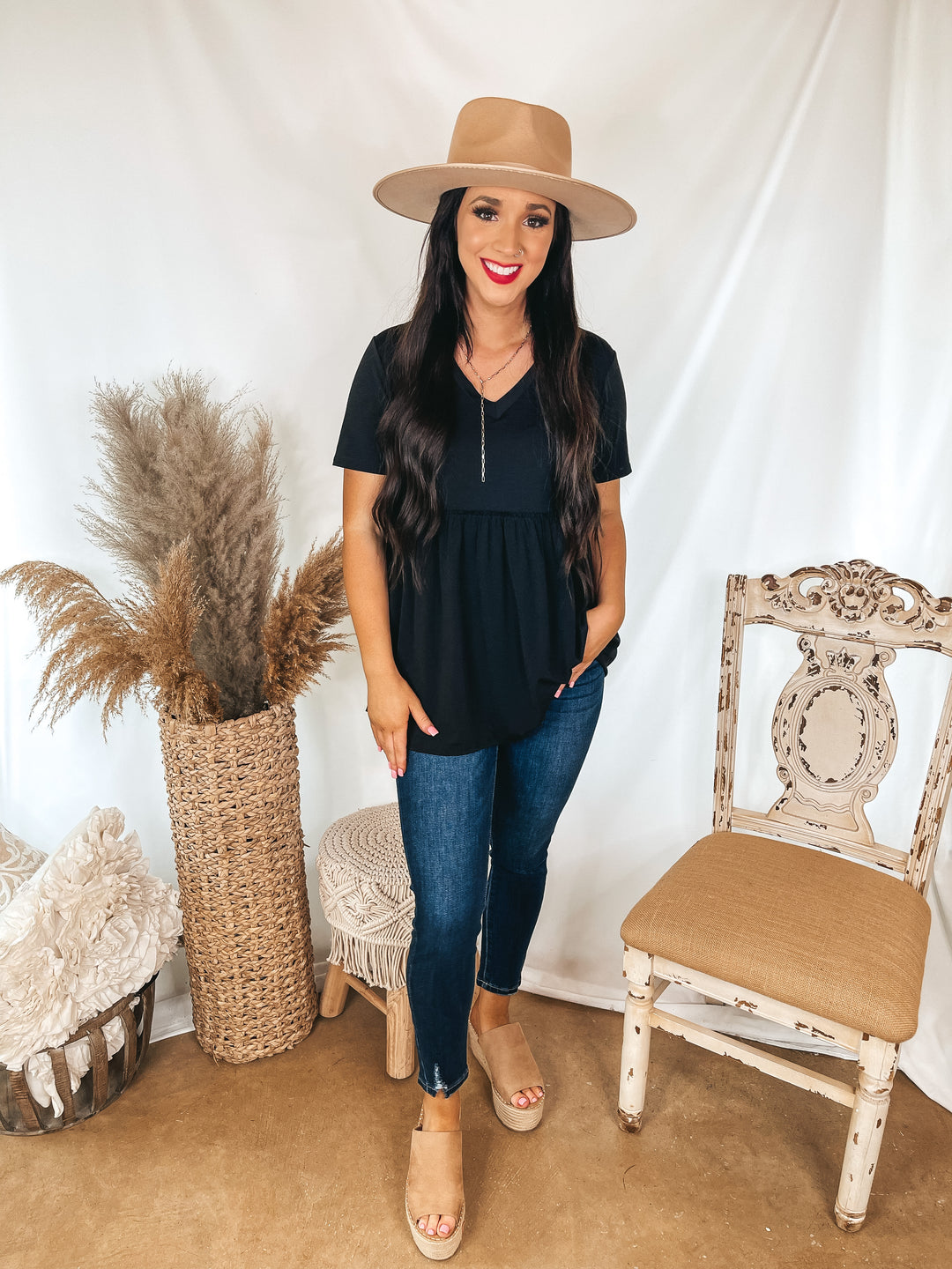 Biggest Smile Short Sleeve V Neck Babydoll Top in Black - Giddy Up Glamour Boutique