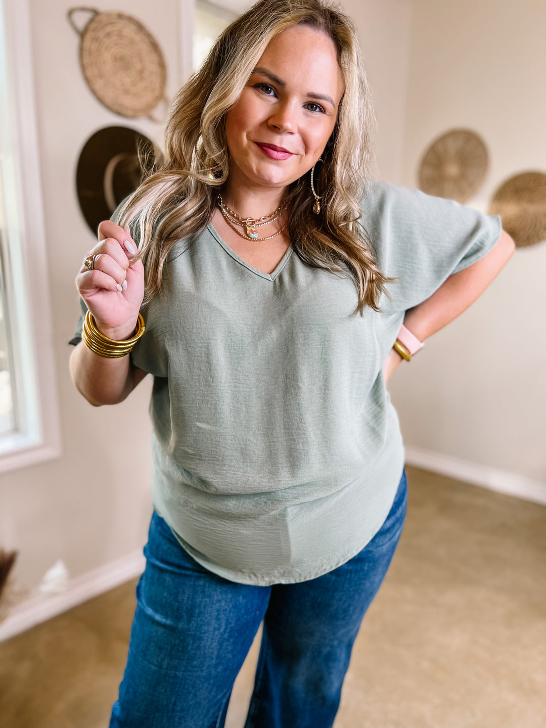 Lovely Dear V Neck Short Sleeve Solid Top in Sage Green - Giddy Up Glamour Boutique