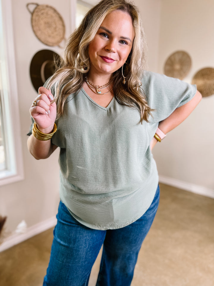 Lovely Dear V Neck Short Sleeve Solid Top in Sage Green - Giddy Up Glamour Boutique