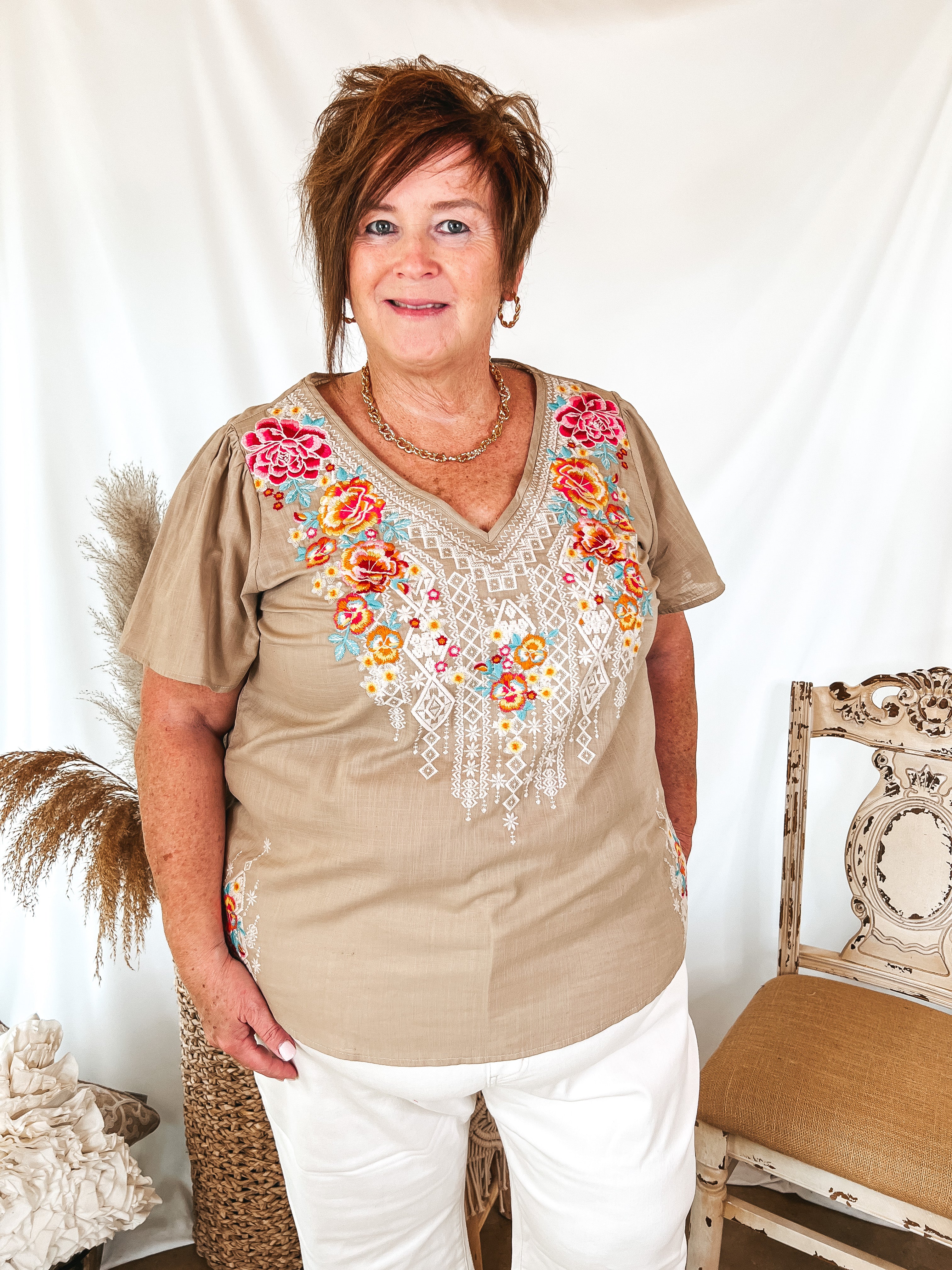 Telling The Truth V Neck Embroidered Top in Biege - Giddy Up Glamour Boutique