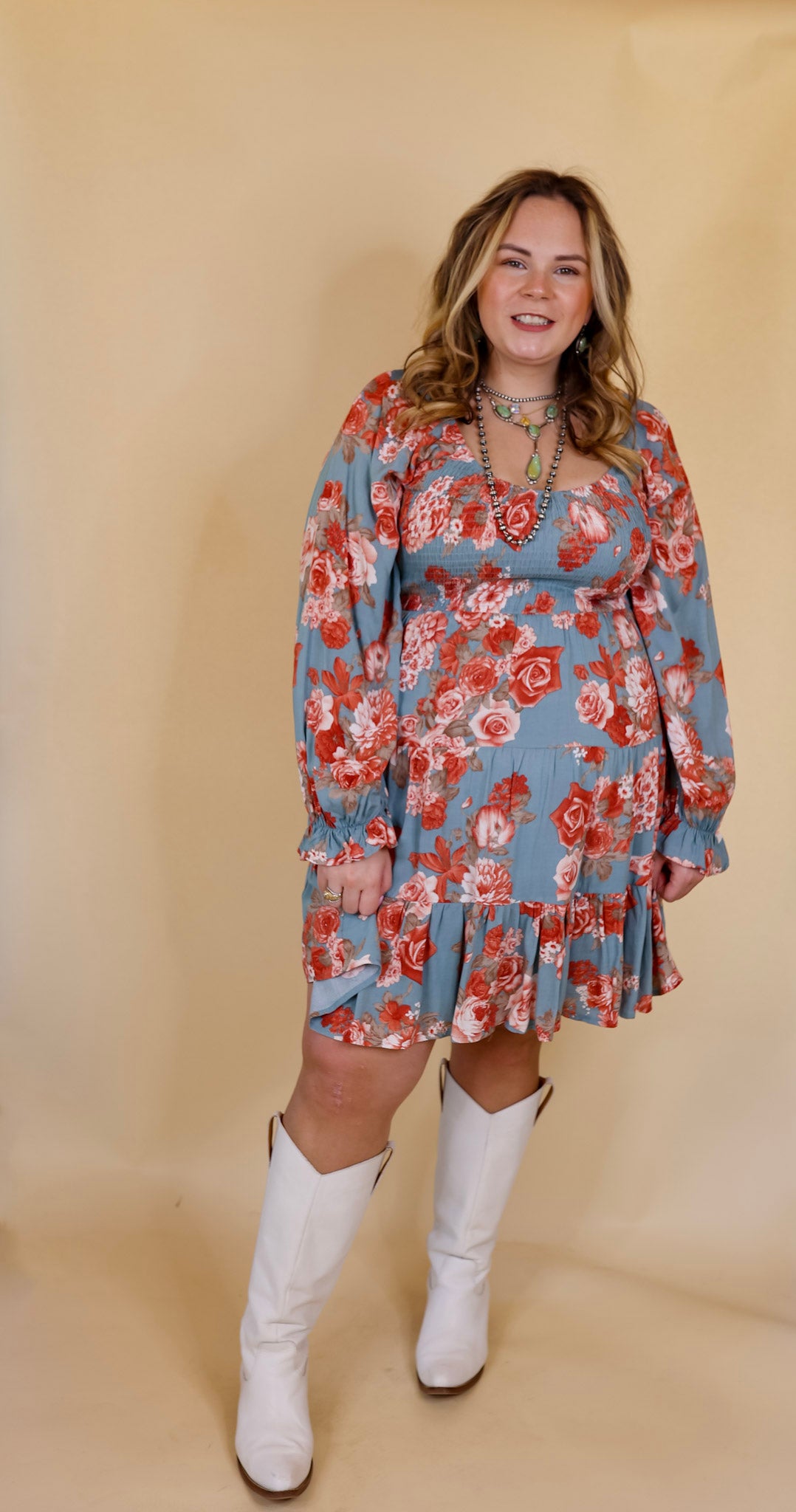 Day Cafe Smocked Bodice Floral Long Sleeve Dress in Dusty Blue - Giddy Up Glamour Boutique