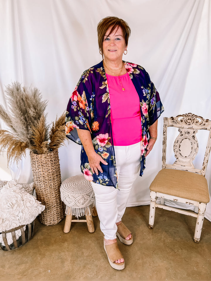 Forever Friends Floral Print Short Sleeve Kimono in Dusty Navy Blue - Giddy Up Glamour Boutique