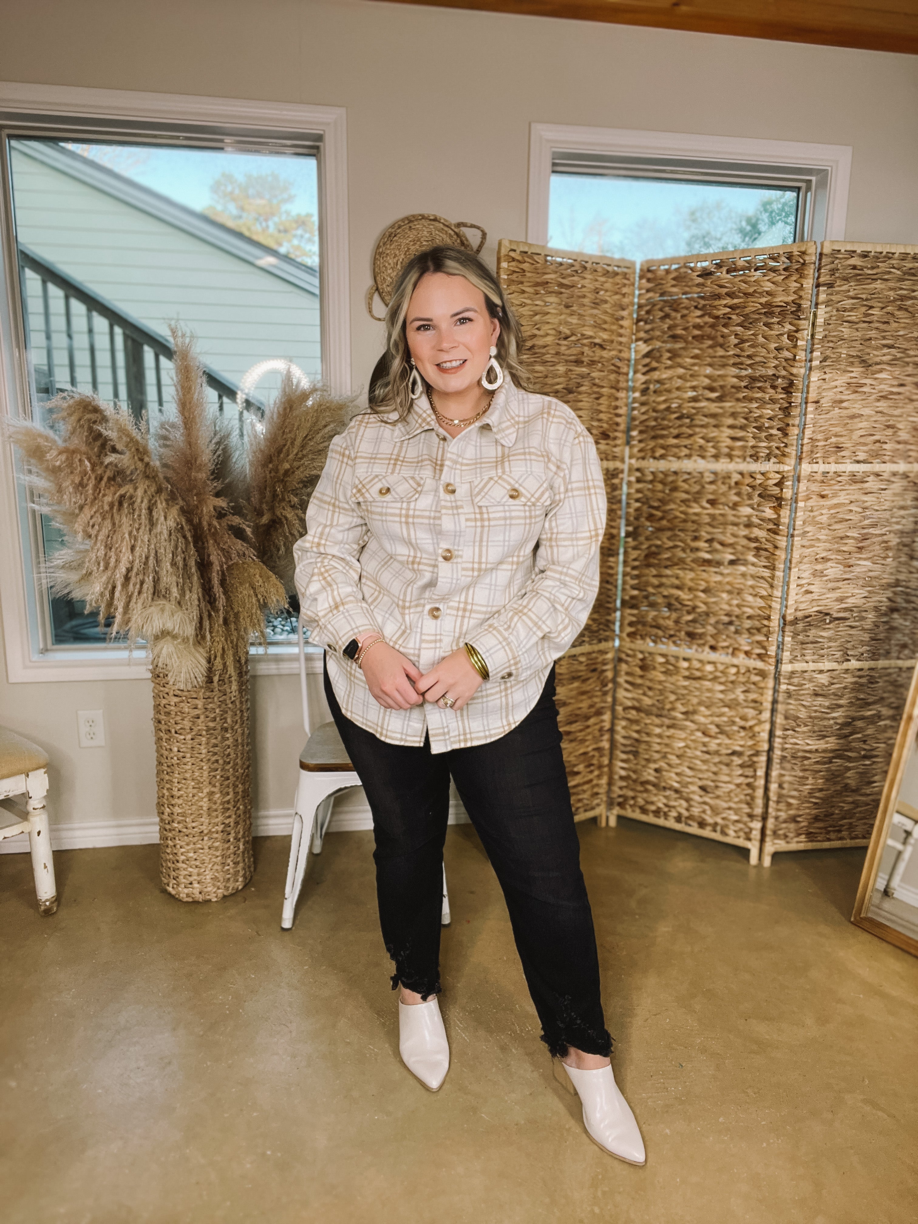 Endless Nights Button Up Plaid Shacket with Pockets in Ivory - Giddy Up Glamour Boutique