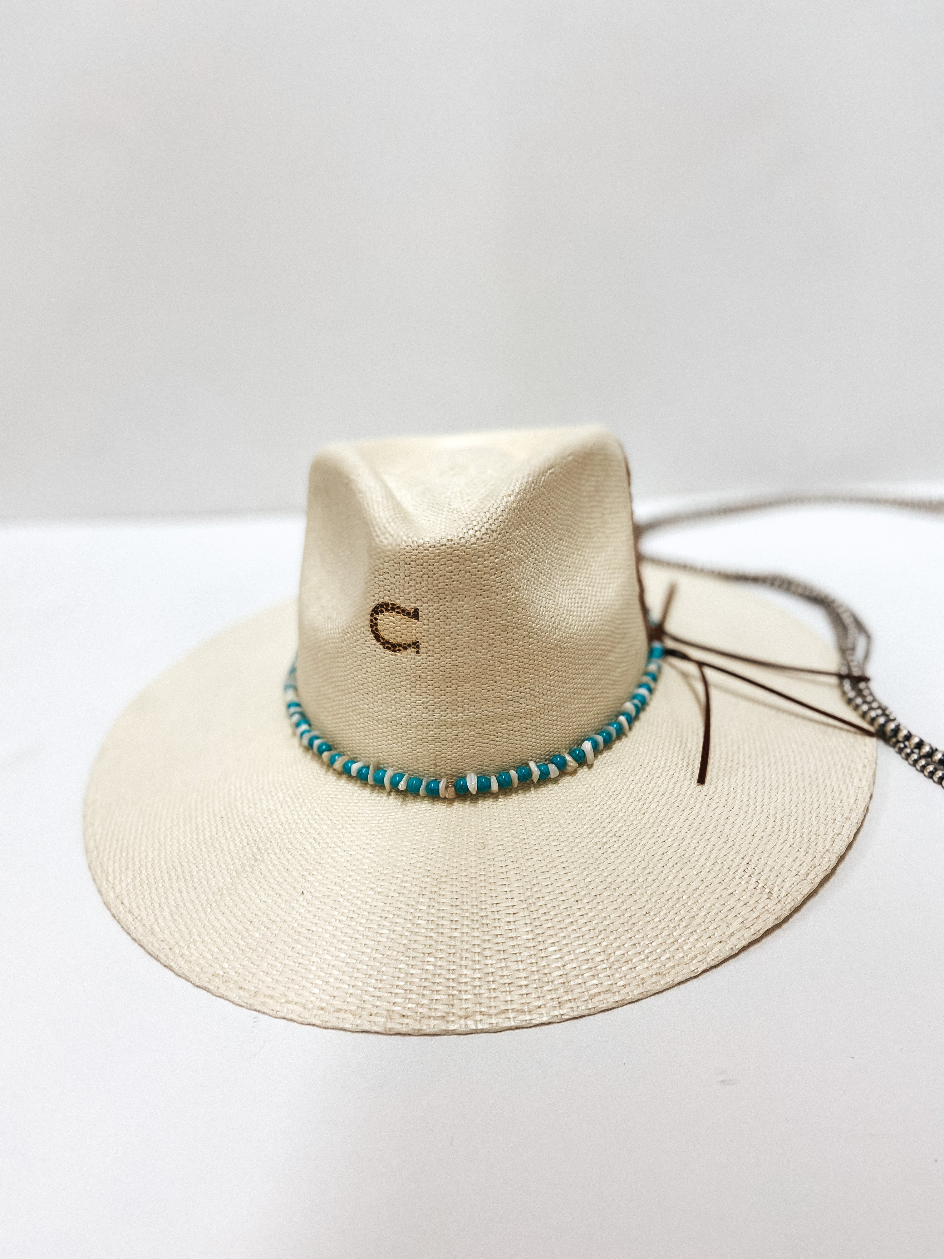 Charlie 1 Horse | Midnight Toker Straw Stiff Brim Hat with Embroidered Feather and Beaded Band in Natural - Giddy Up Glamour Boutique