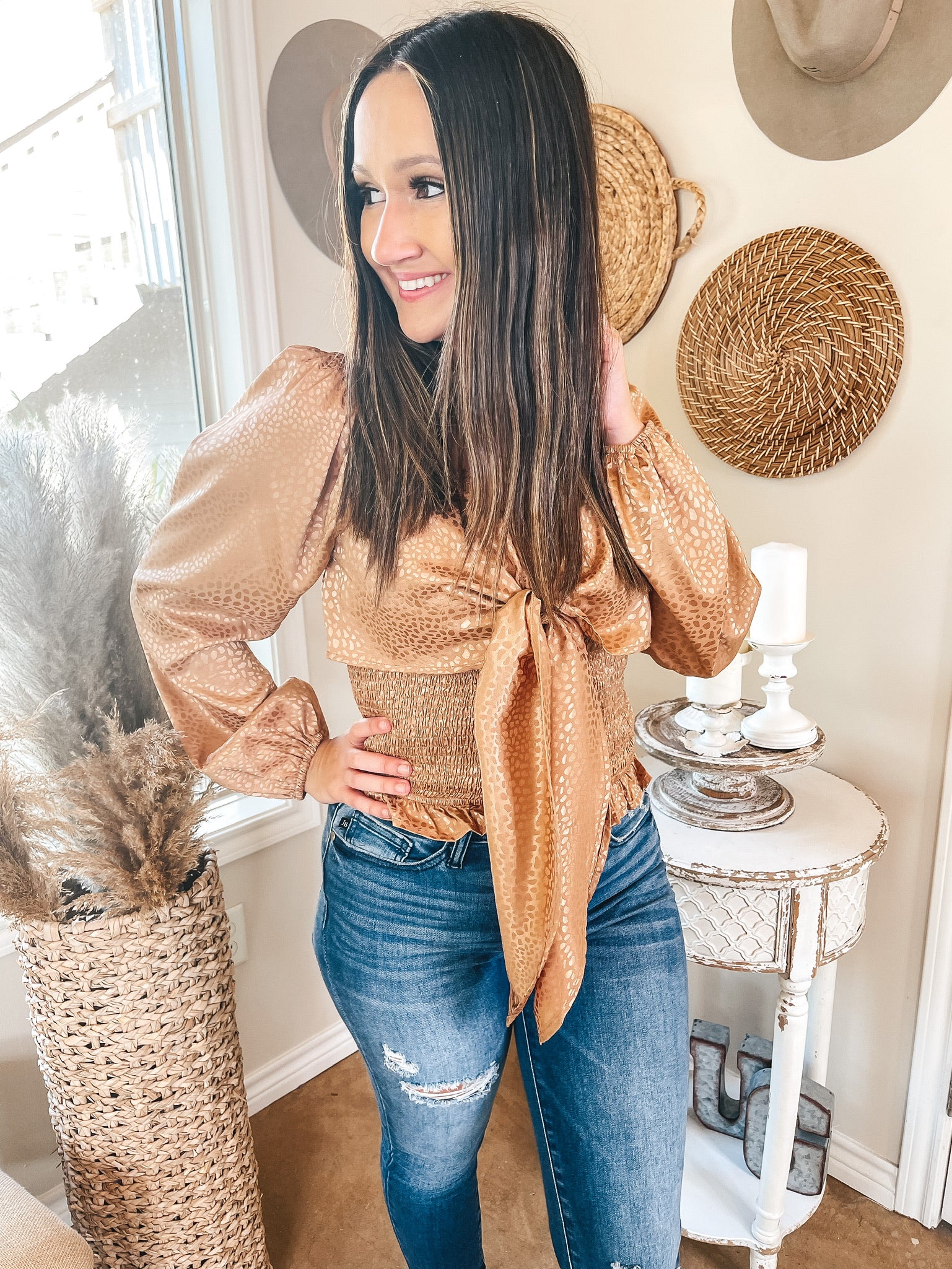 Drive Them Wild Tie Bust Smocked Crop Top in Gold - Giddy Up Glamour Boutique
