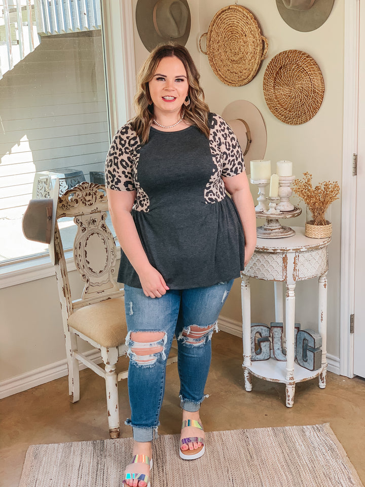 Flirtatious Heart Leopard Side Babydoll top in Grey - Giddy Up Glamour Boutique