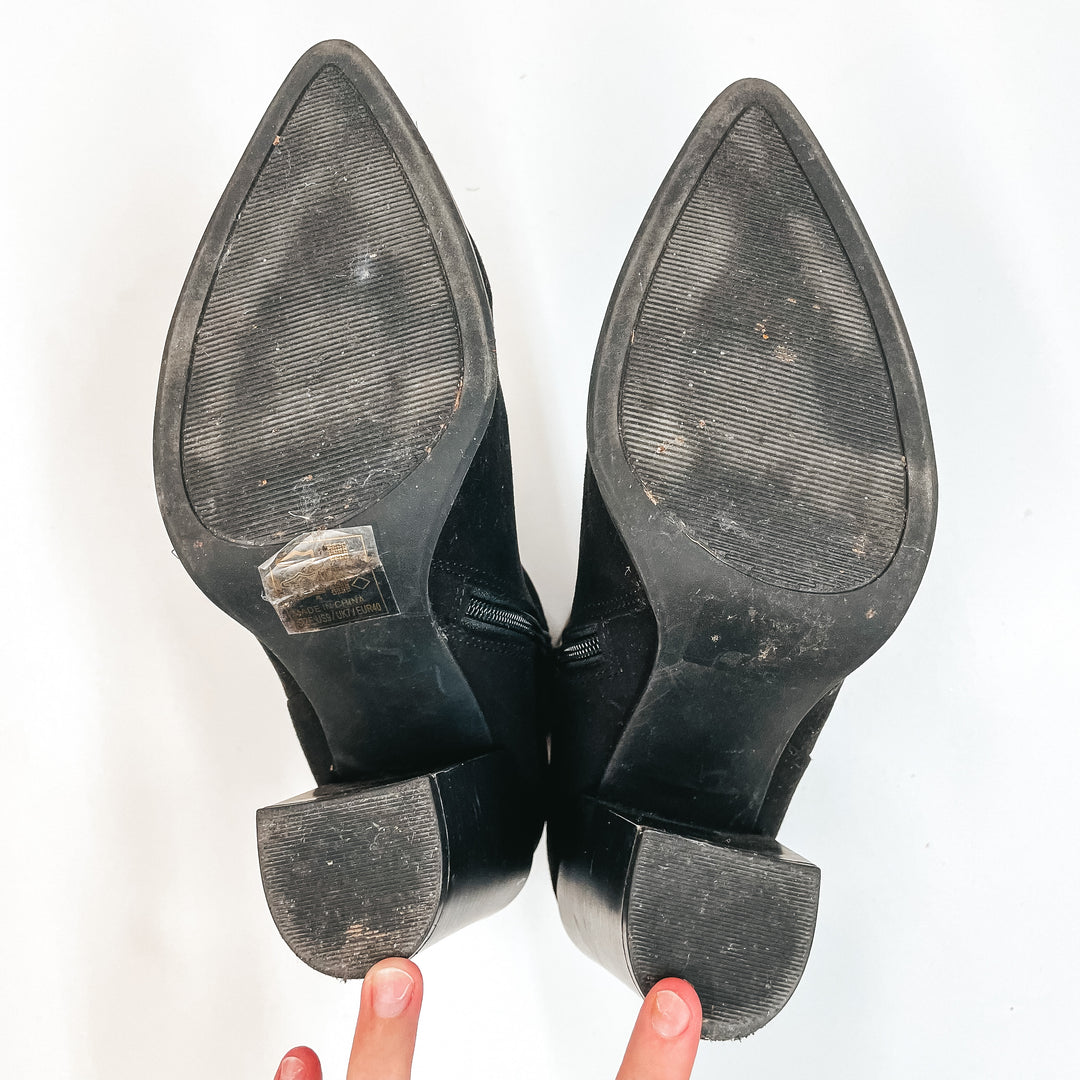 Model Shoes Size 9 | Walking By Side Zip Heeled Booties with Pointed Toe in Black - Giddy Up Glamour Boutique