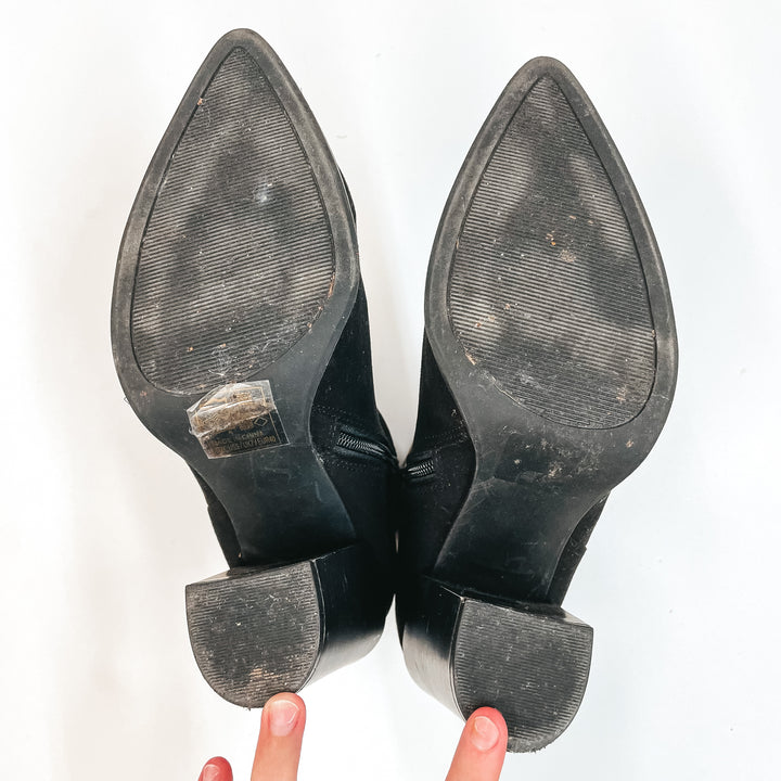 Model Shoes Size 9 | Walking By Side Zip Heeled Booties with Pointed Toe in Black - Giddy Up Glamour Boutique