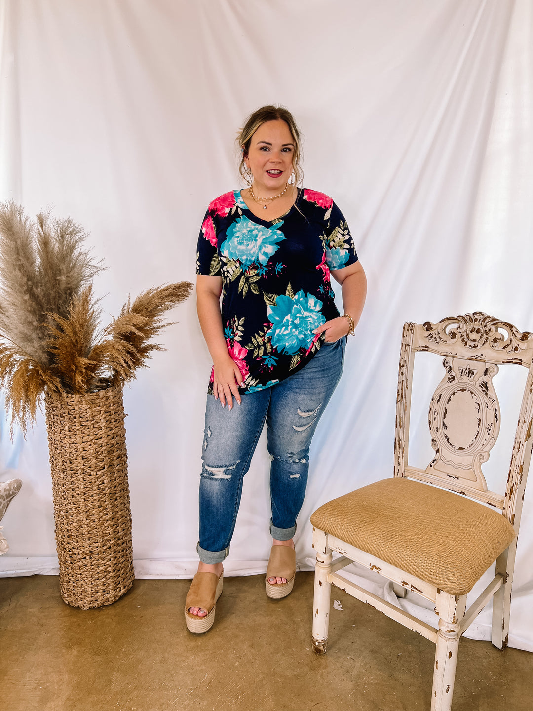 Last Chance Size Small & Med. | Keep Things Simple V Neck Large Floral Print Short Sleeve Tee Shirt in Navy Blue - Giddy Up Glamour Boutique