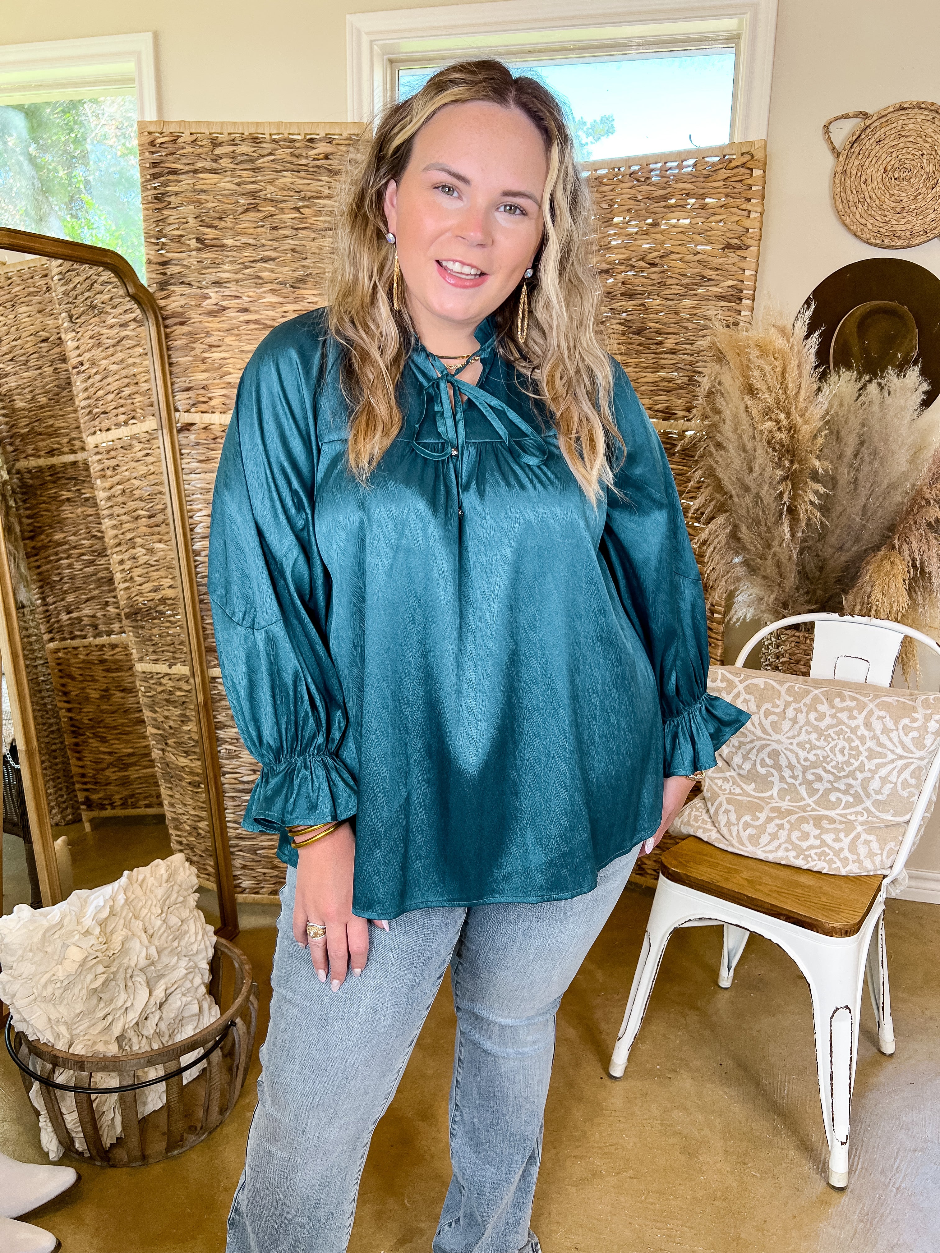 Sunset Situation Front Tie Keyhole Blouse in Teal Blue - Giddy Up Glamour Boutique