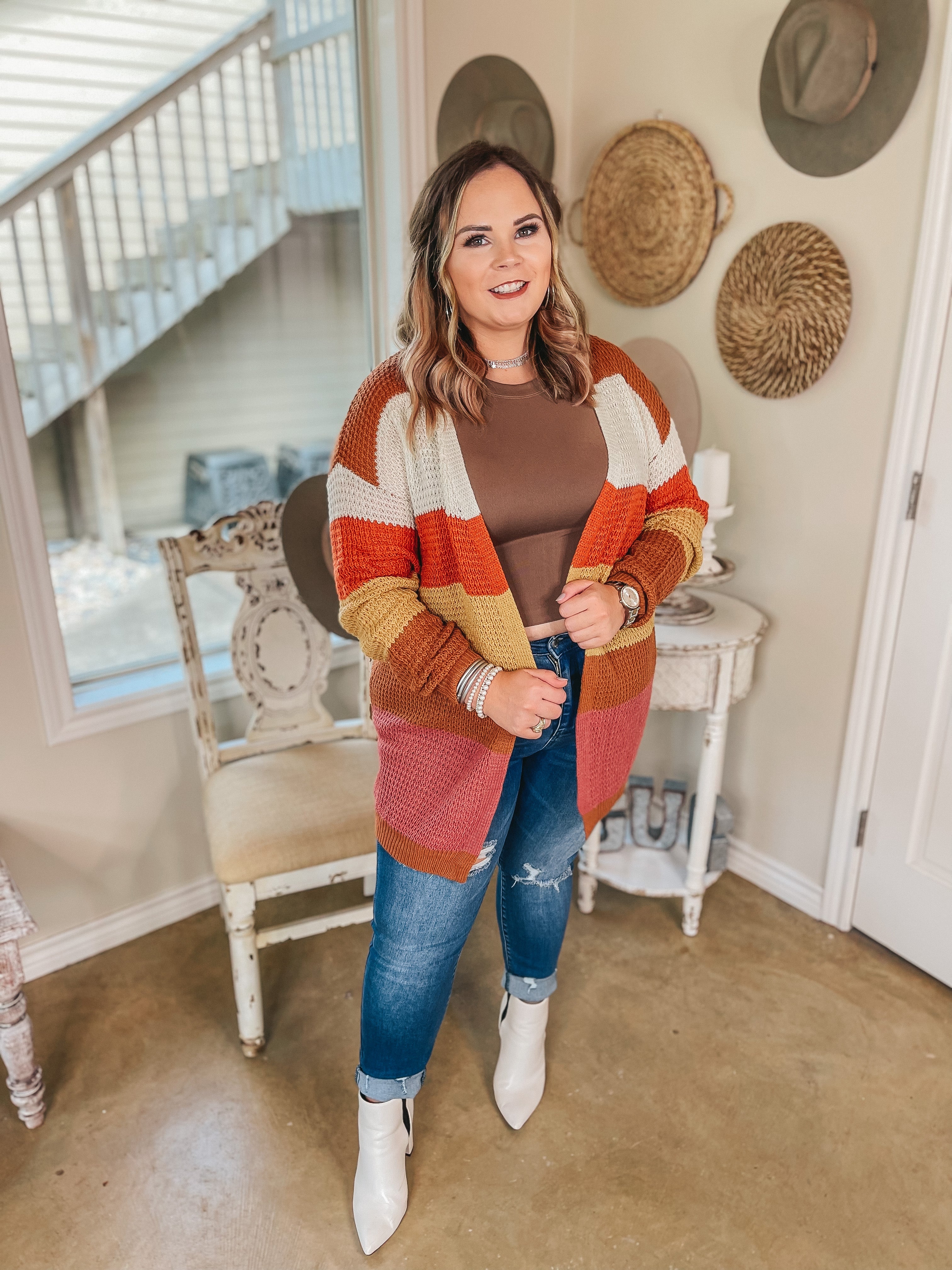 Choosing Cozy Striped Long Sleeve Sweater Cardigan in Rust Mix - Giddy Up Glamour Boutique