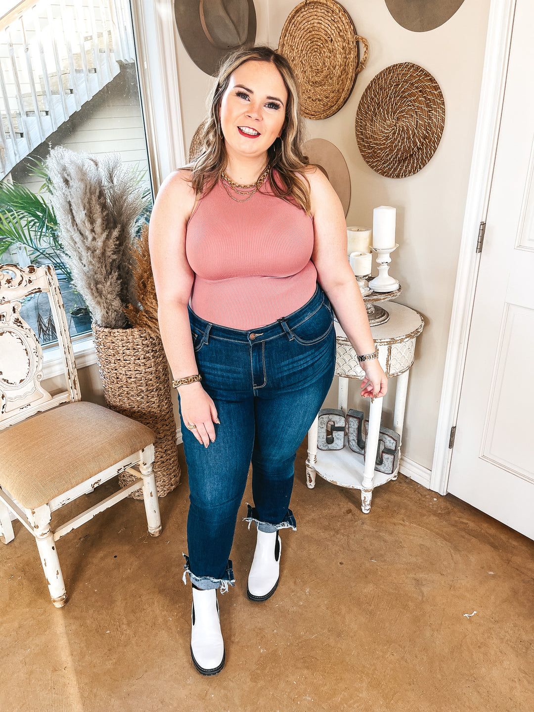 On the Lookout High Neck Ribbed Tank Top Bodysuit in Rose Pink - Giddy Up Glamour Boutique