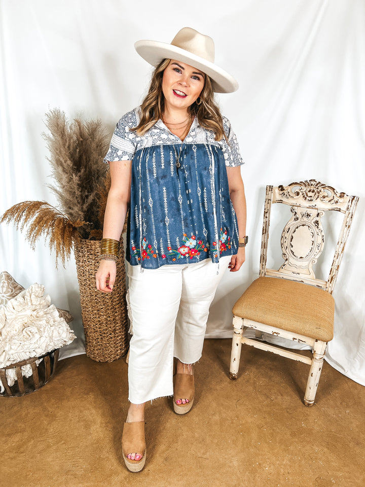 Fun Details Tribal Print Babydoll Top with Floral Embroidery in Blue - Giddy Up Glamour Boutique