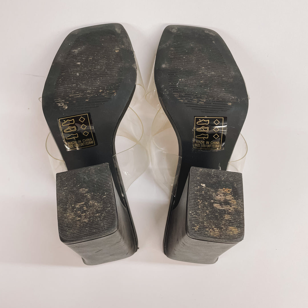 Model Shoes Size 9 | High Hopes Clear Criss Cross Block Heels in Black - Giddy Up Glamour Boutique