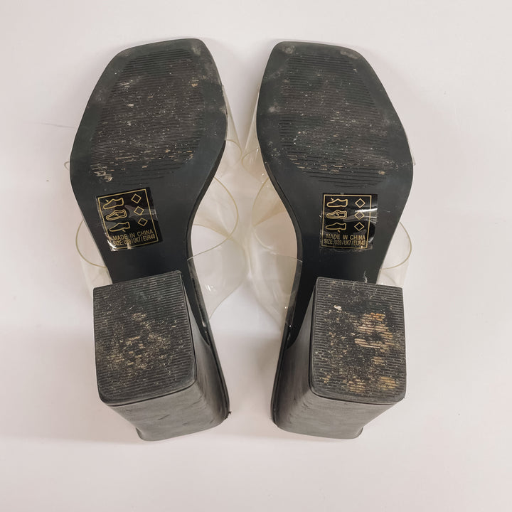 Model Shoes Size 9 | High Hopes Clear Criss Cross Block Heels in Black - Giddy Up Glamour Boutique