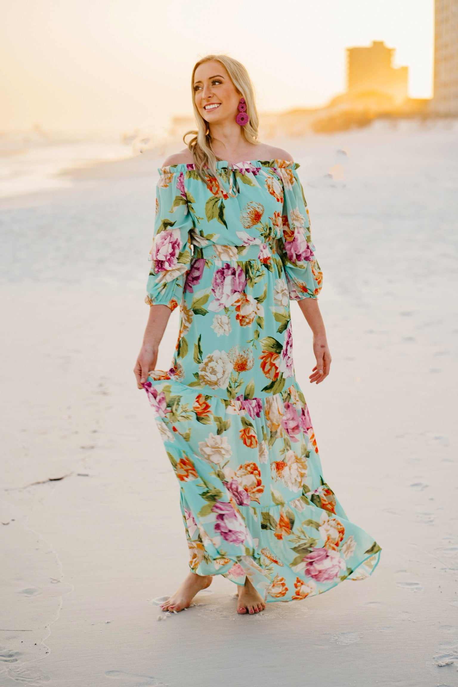 Last Chance Size Small & Medium | In Focus Light Off the Shoulder Floral Maxi Dress in Mint Green - Giddy Up Glamour Boutique