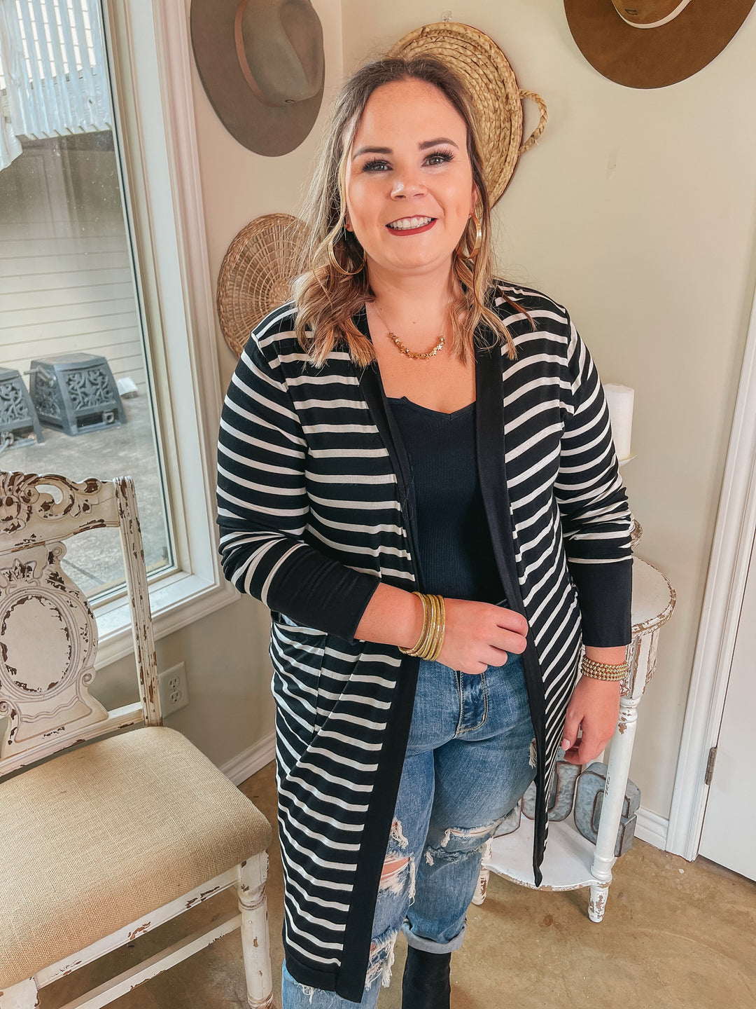 On the Scene Long Sleeve Striped Open Front Cardigan in Black - Giddy Up Glamour Boutique