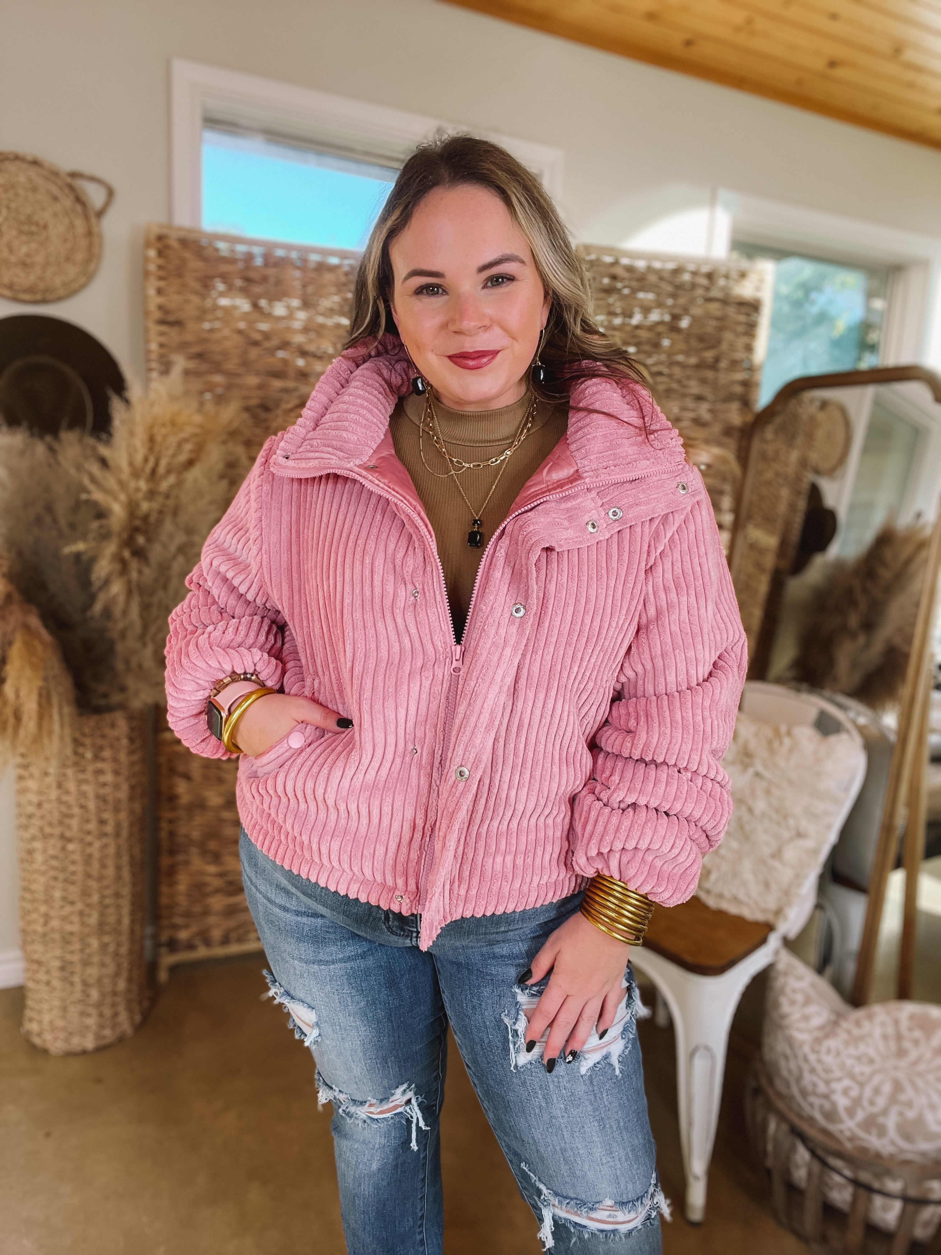 Driving North Button and Zip Up Plush Ribbed Jacket in Pink - Giddy Up Glamour Boutique