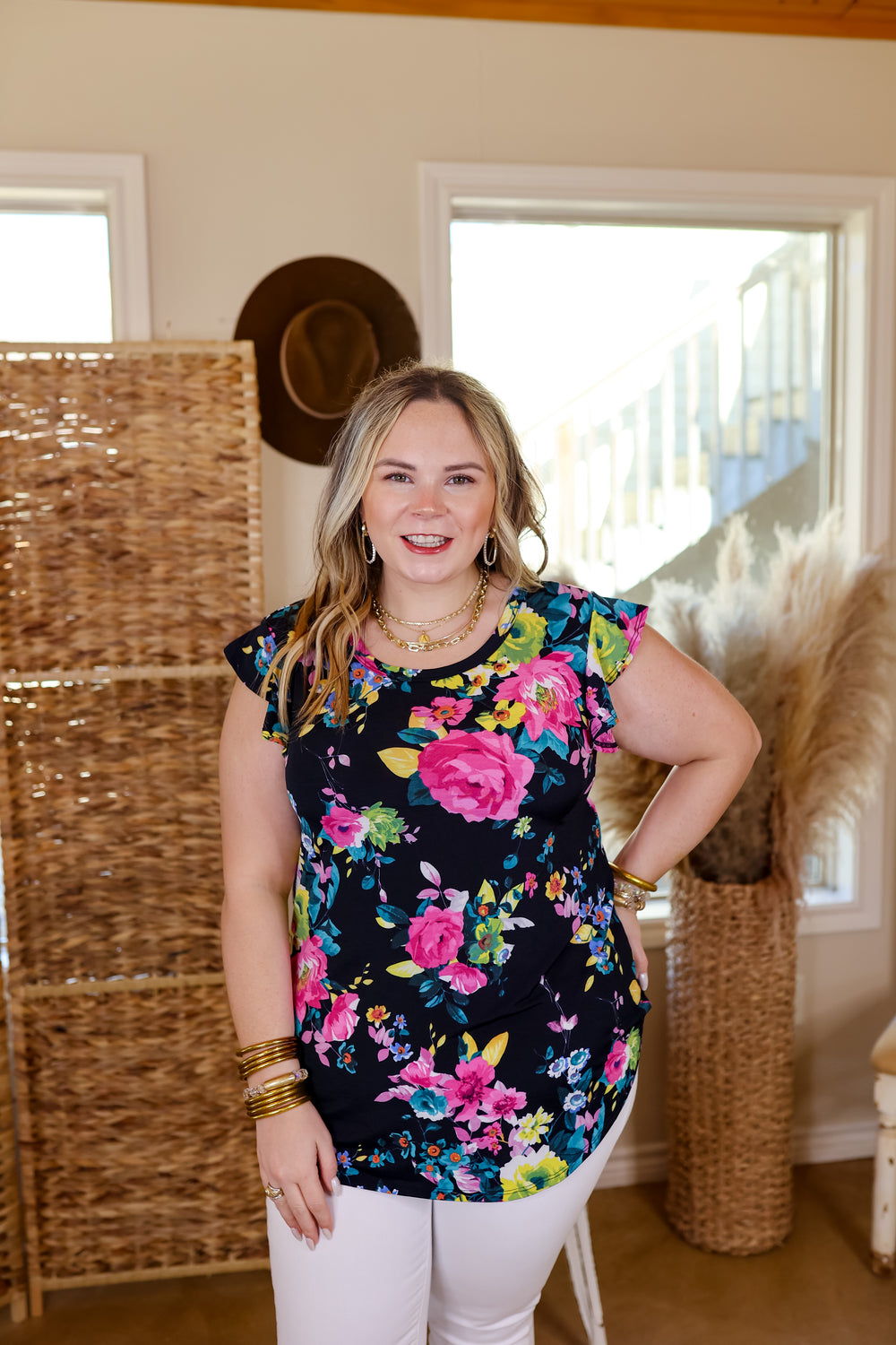 Dizzy with Desire Flutter Sleeve Floral Top in Navy - Giddy Up Glamour Boutique