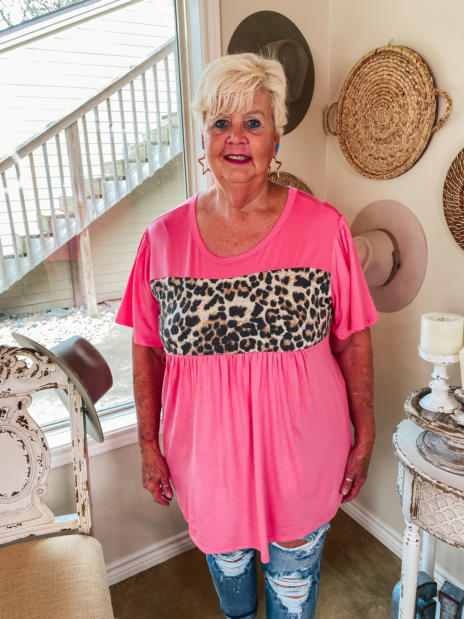 Here With Me Leopard Bust Short Sleeve Babydoll Top in Pink - Giddy Up Glamour Boutique
