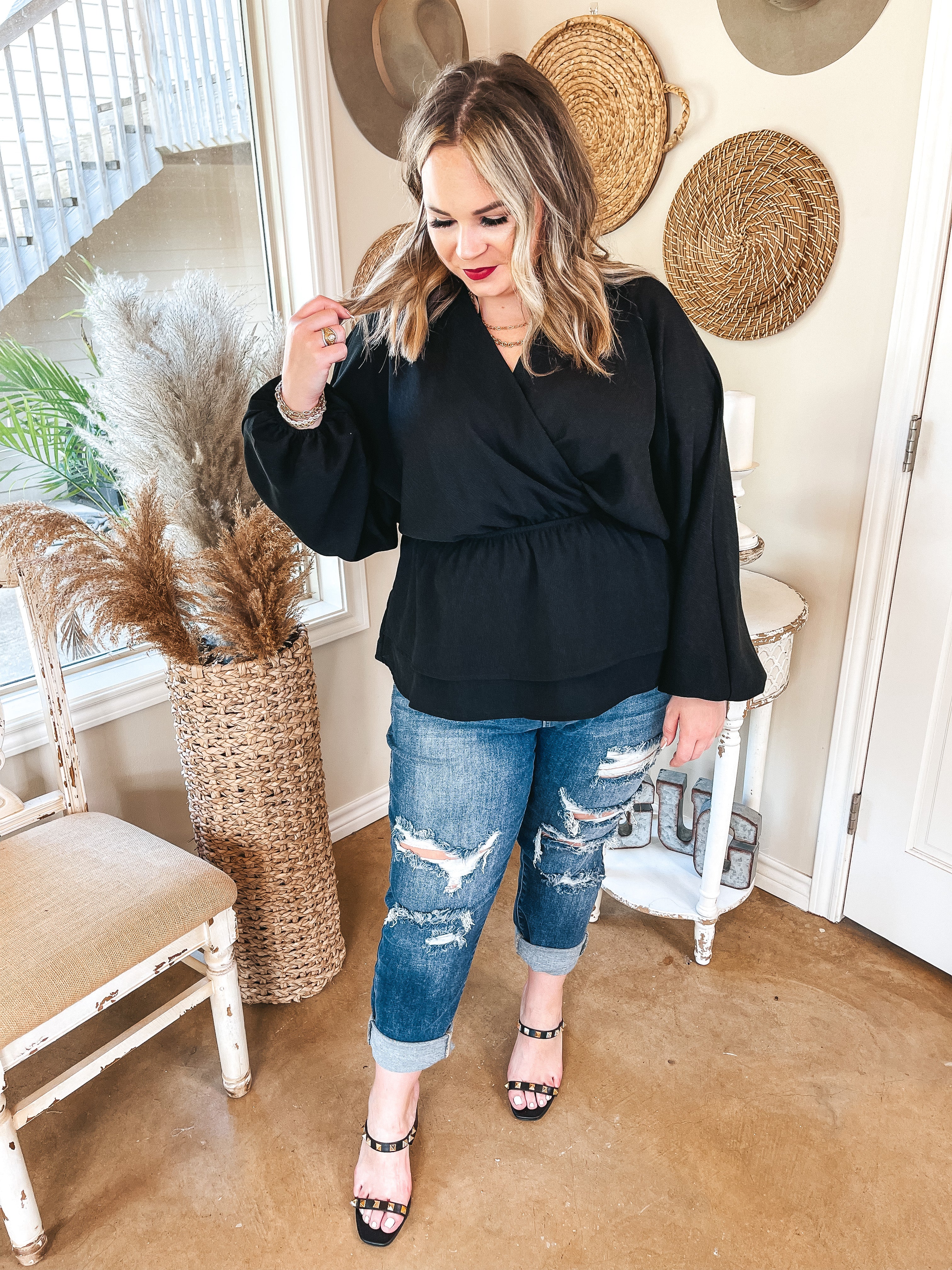 Move to the Music Long Sleeve Deep V Peplum Top in Black - Giddy Up Glamour Boutique