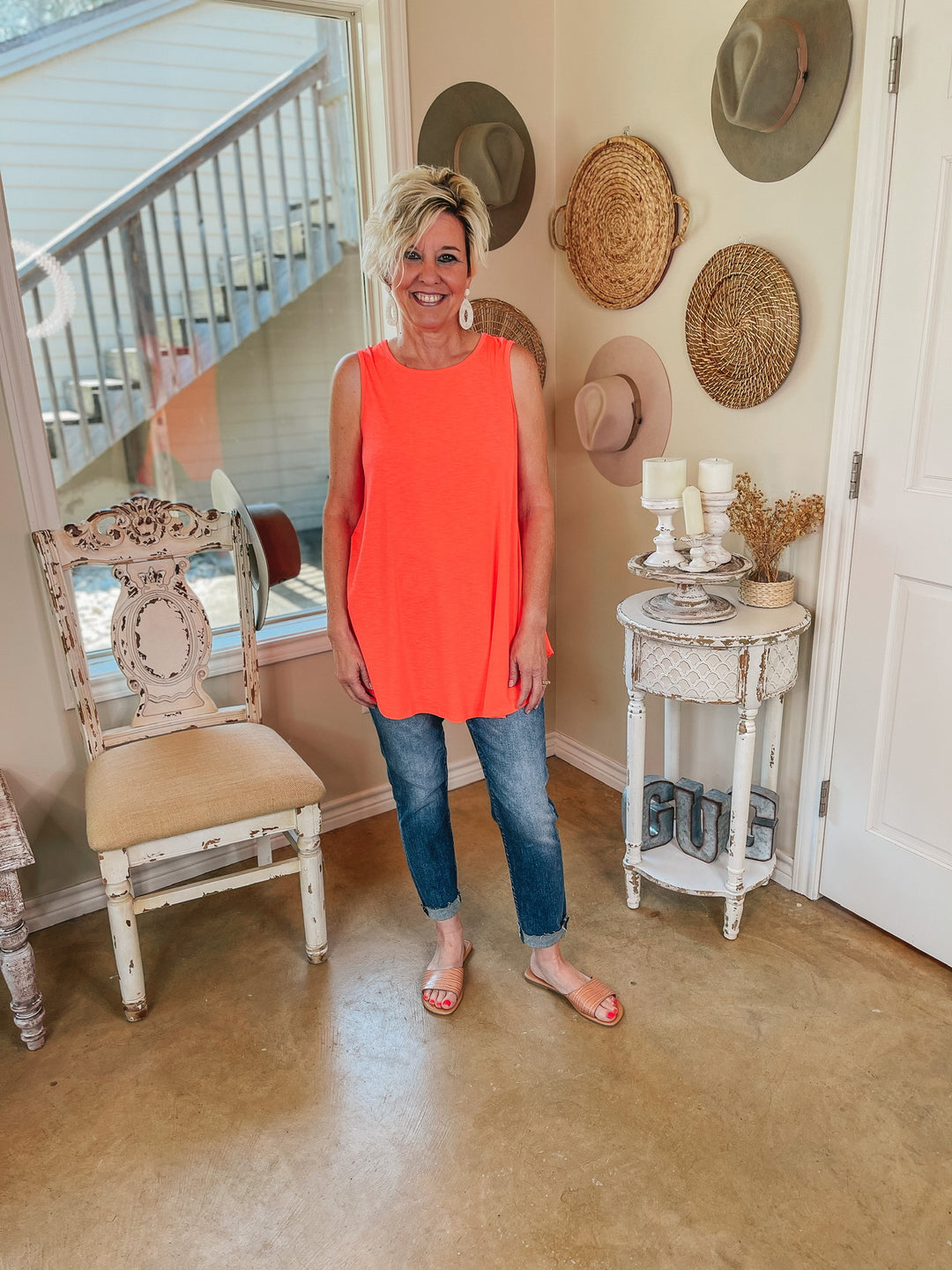 Give Me Joy Solid Bulgari A-Line Tank Top in Neon Orange - Giddy Up Glamour Boutique