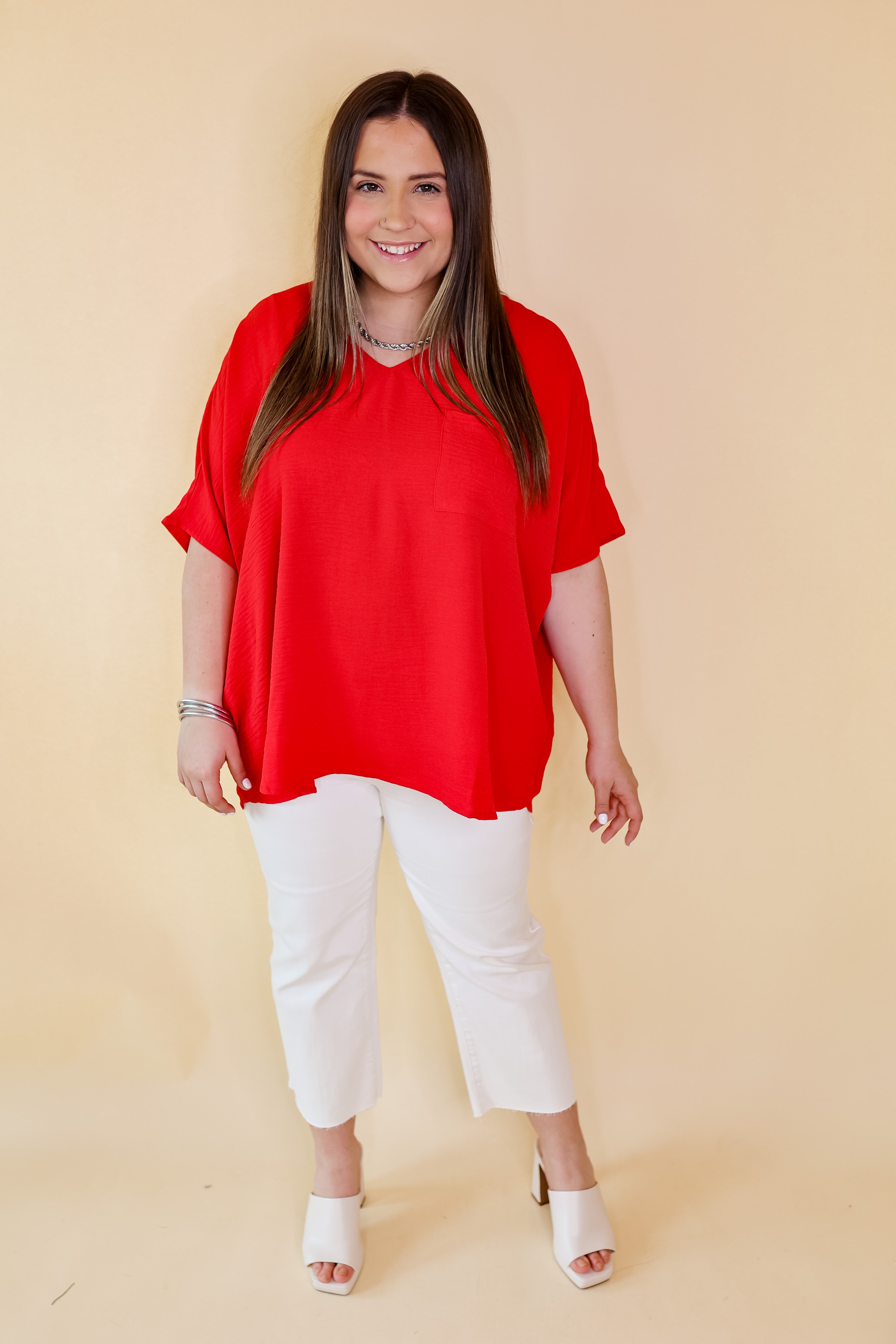 Plus Sizes | Try To Resist Short Sleeve V Neck Top with Front Pocket in Red - Giddy Up Glamour Boutique